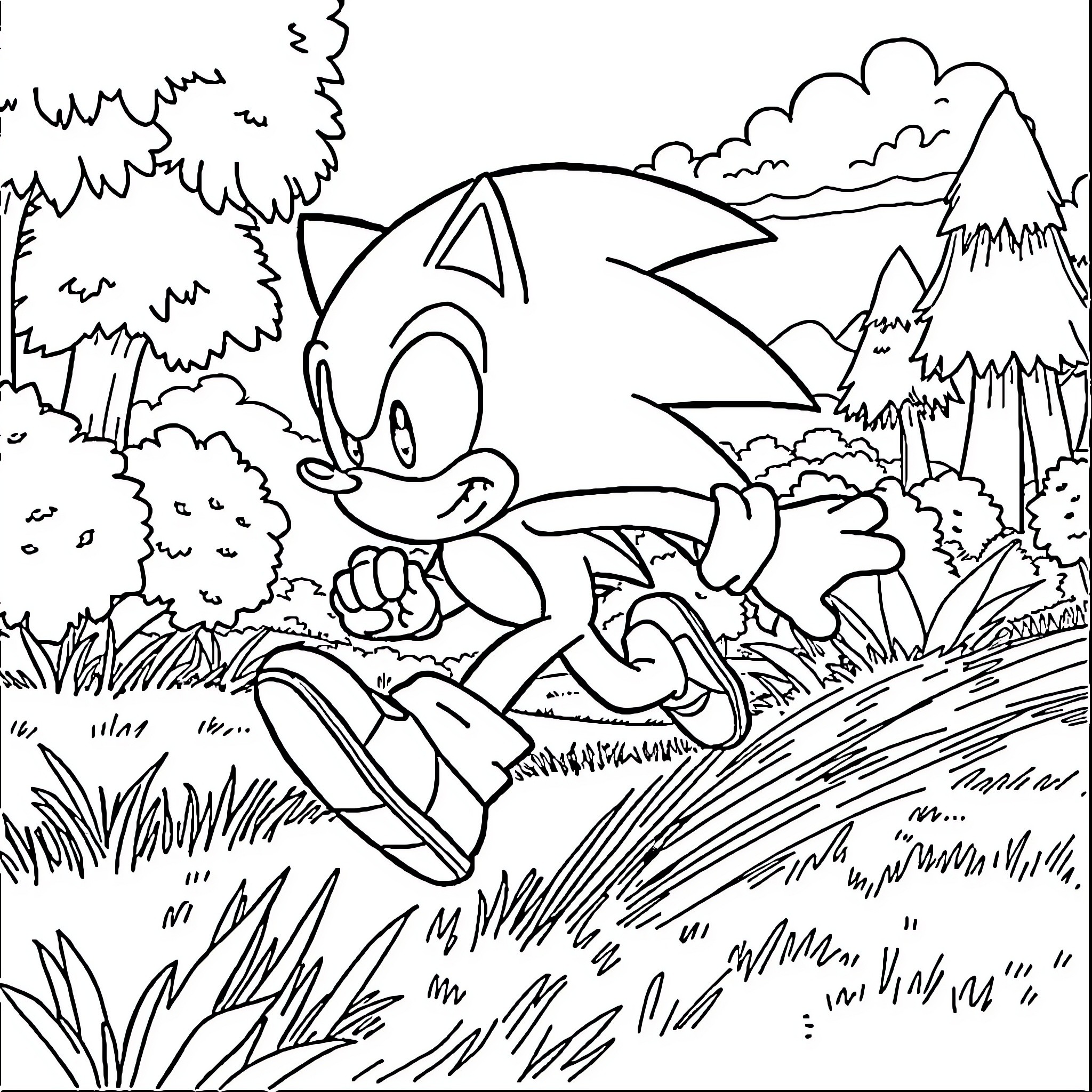 Sonic running through the vibrant forest landscape Coloring Page (free black-and-white line drawing printable PDF for all, from beginners to advanced learners, including children, teens, adults, and seniors)