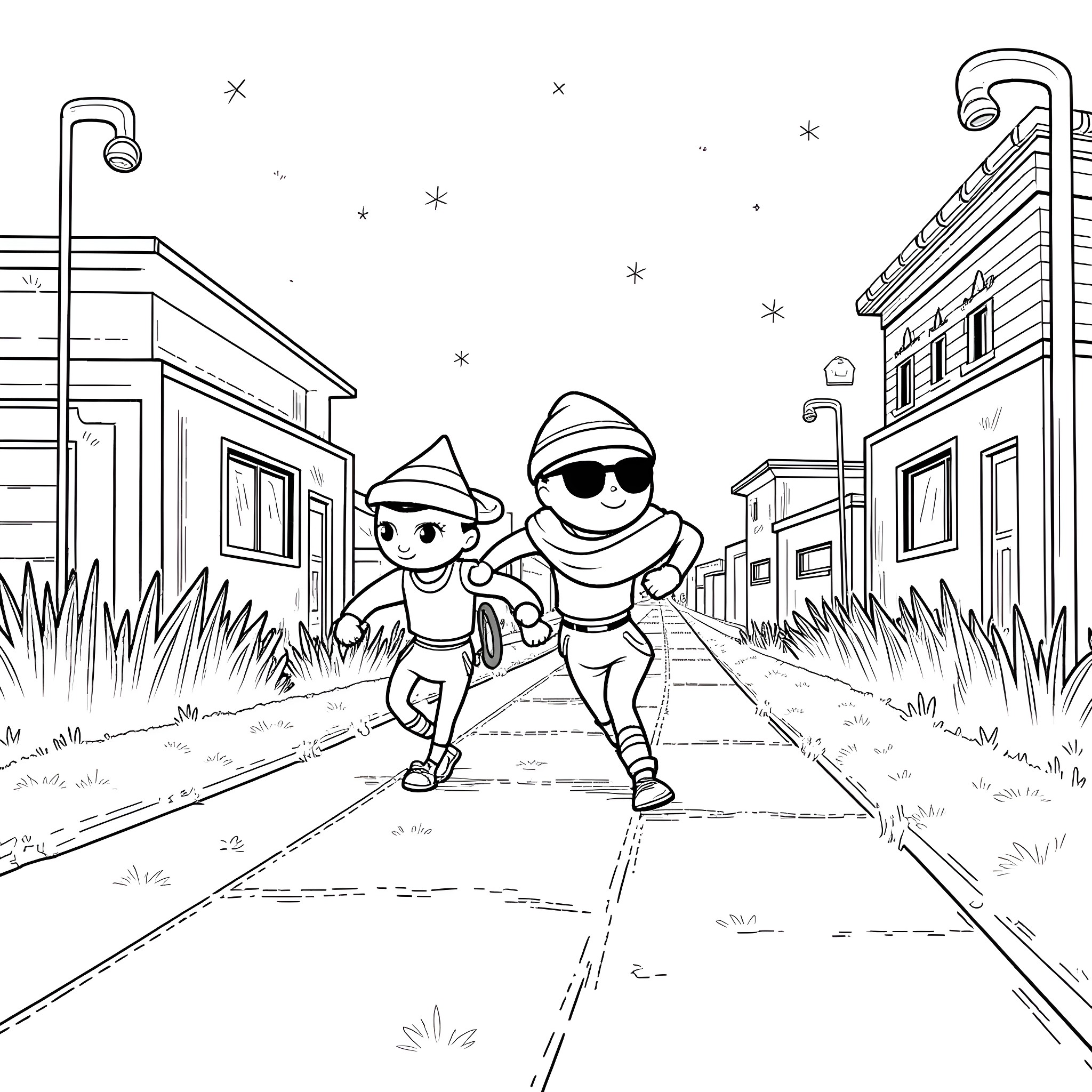 Bandito characters exploring a small town Coloring Page (free black-and-white line drawing printable PDF for all, from beginners to advanced learners, including children, teens, adults, and seniors)