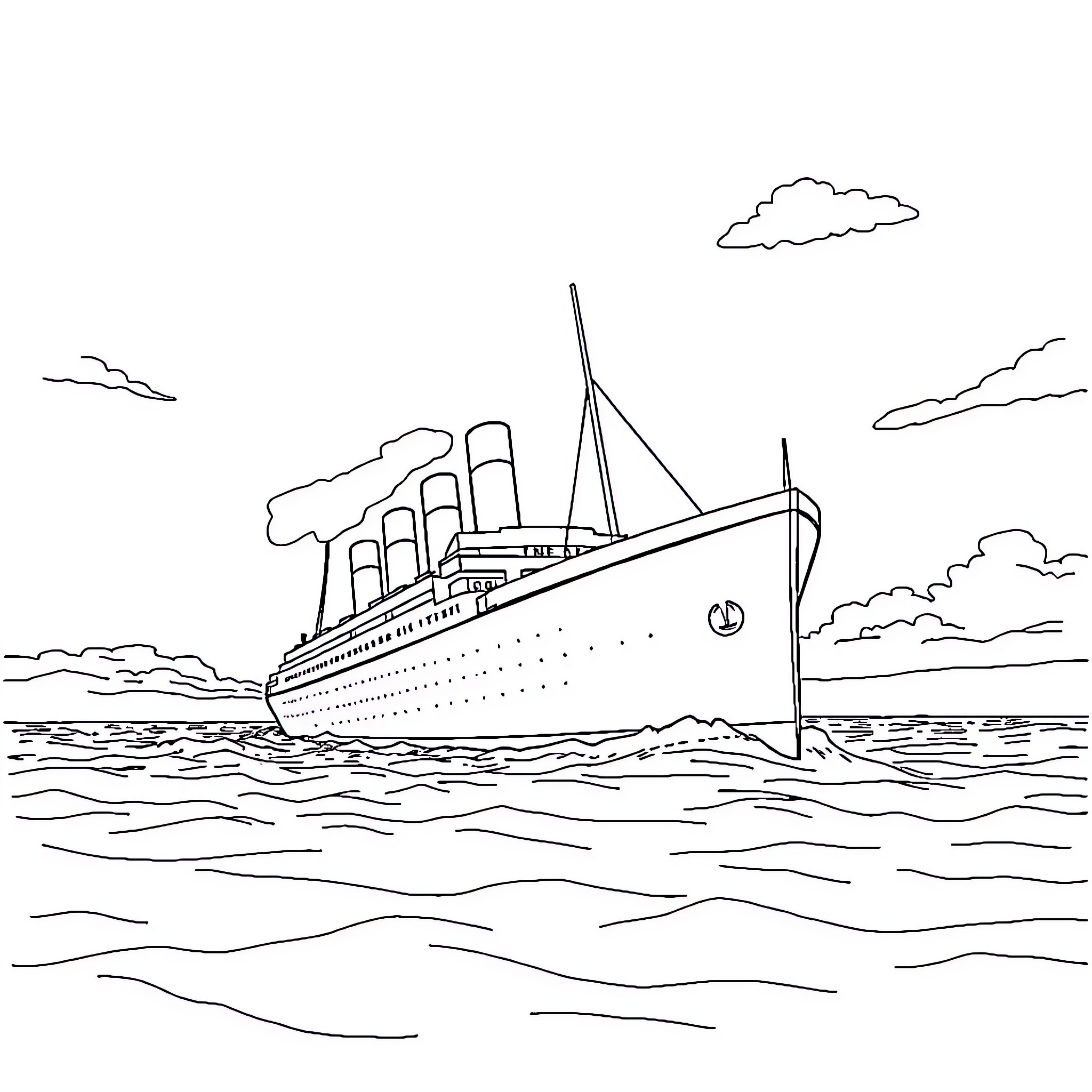Titanic ship sailing across the ocean Coloring Page (free black-and-white line drawing printable PDF for all, from beginners to advanced learners, including children, teens, adults, and seniors)
