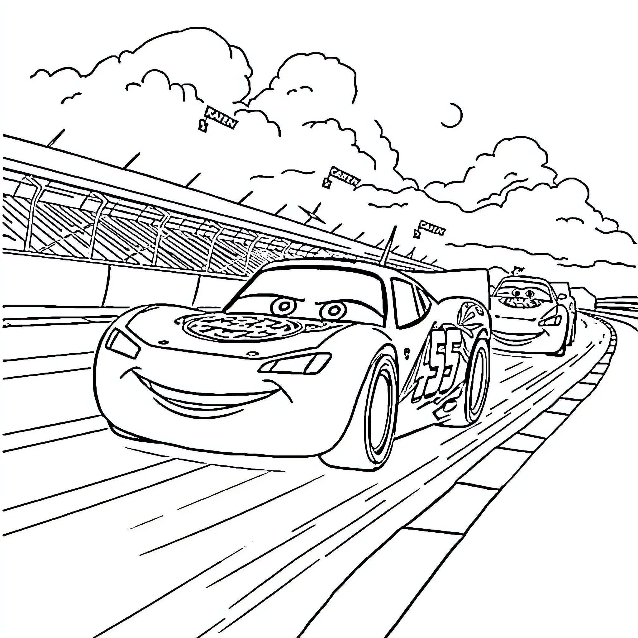 Flash McQueen racing on the speedway at night Coloring Page (free black-and-white line drawing printable PDF for all, from beginners to advanced learners, including children, teens, adults, and seniors)