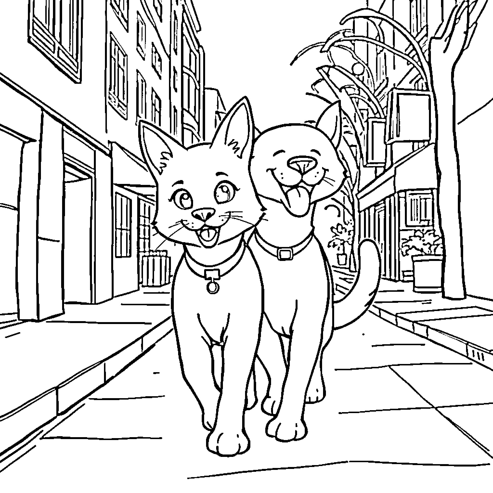 Catdog exploring the city together Coloring Page (free black-and-white line drawing printable PDF for all, from beginners to advanced learners, including children, teens, adults, and seniors)