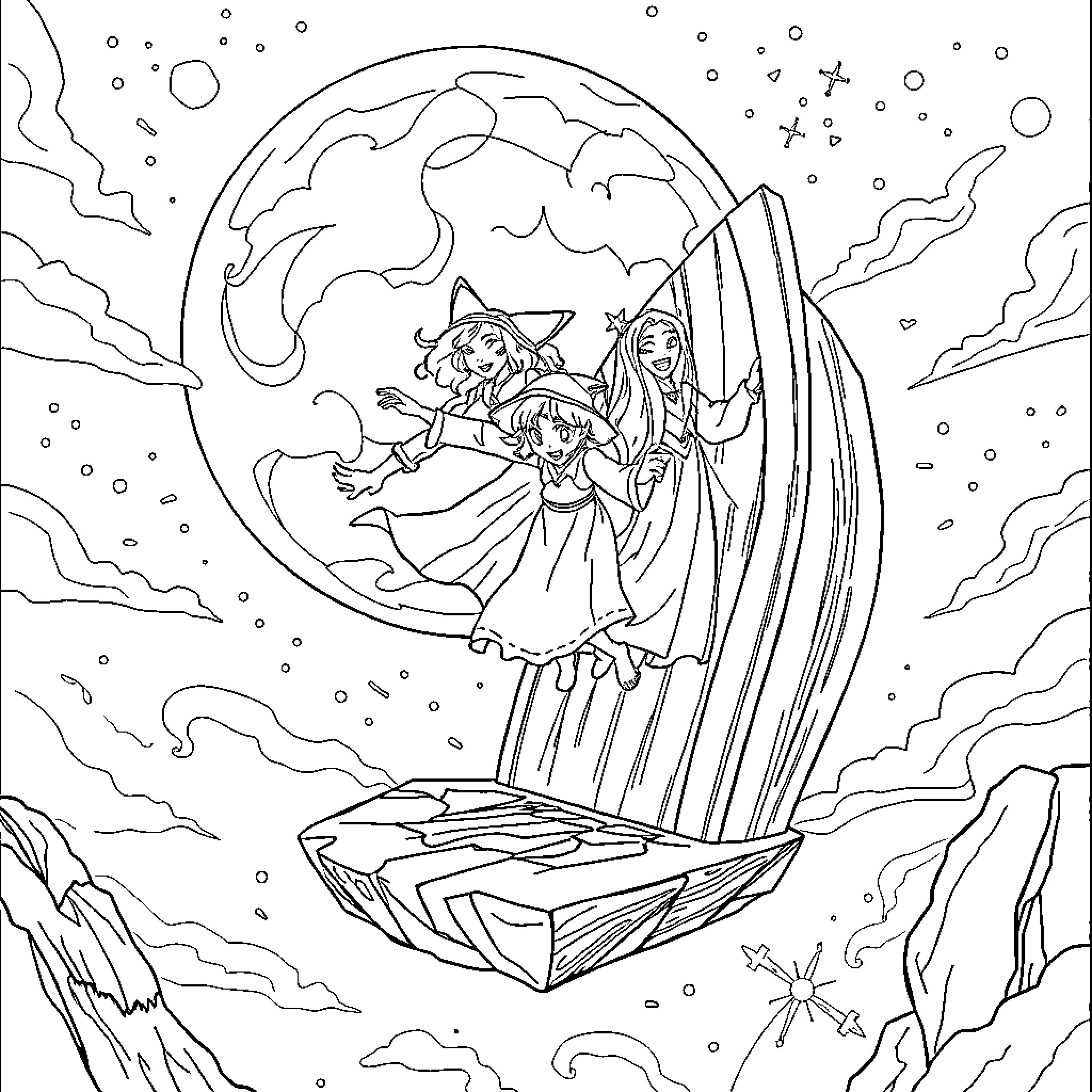 Wizard trio exploring magical realm under the stars Coloring Page (free black-and-white line drawing printable PDF for all, from beginners to advanced learners, including children, teens, adults, and seniors)