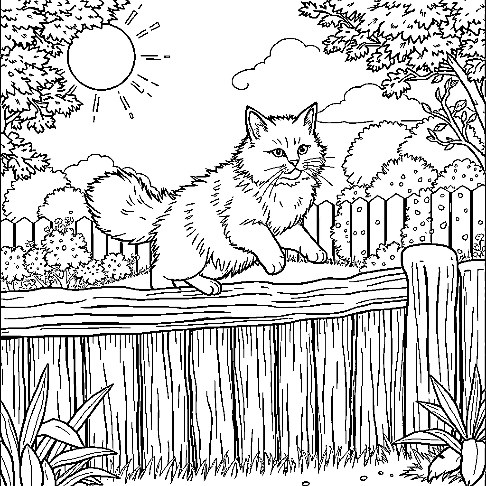 Cat enjoying the outdoors on a sunny day Coloring Page (free black-and-white line drawing printable PDF for all, from beginners to advanced learners, including children, teens, adults, and seniors)