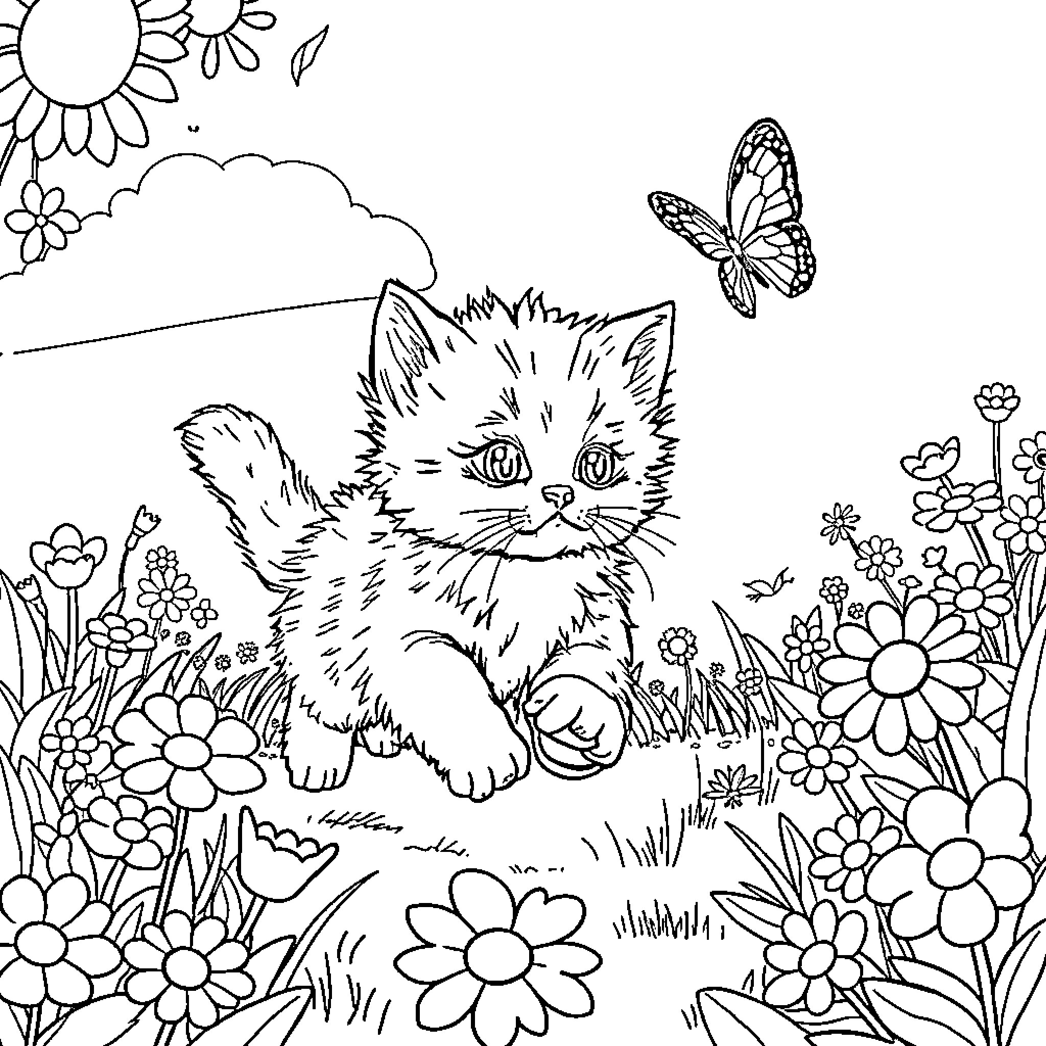Kitten frolicking in a floral meadow Coloring Page (free black-and-white line drawing printable PDF for all, from beginners to advanced learners, including children, teens, adults, and seniors)