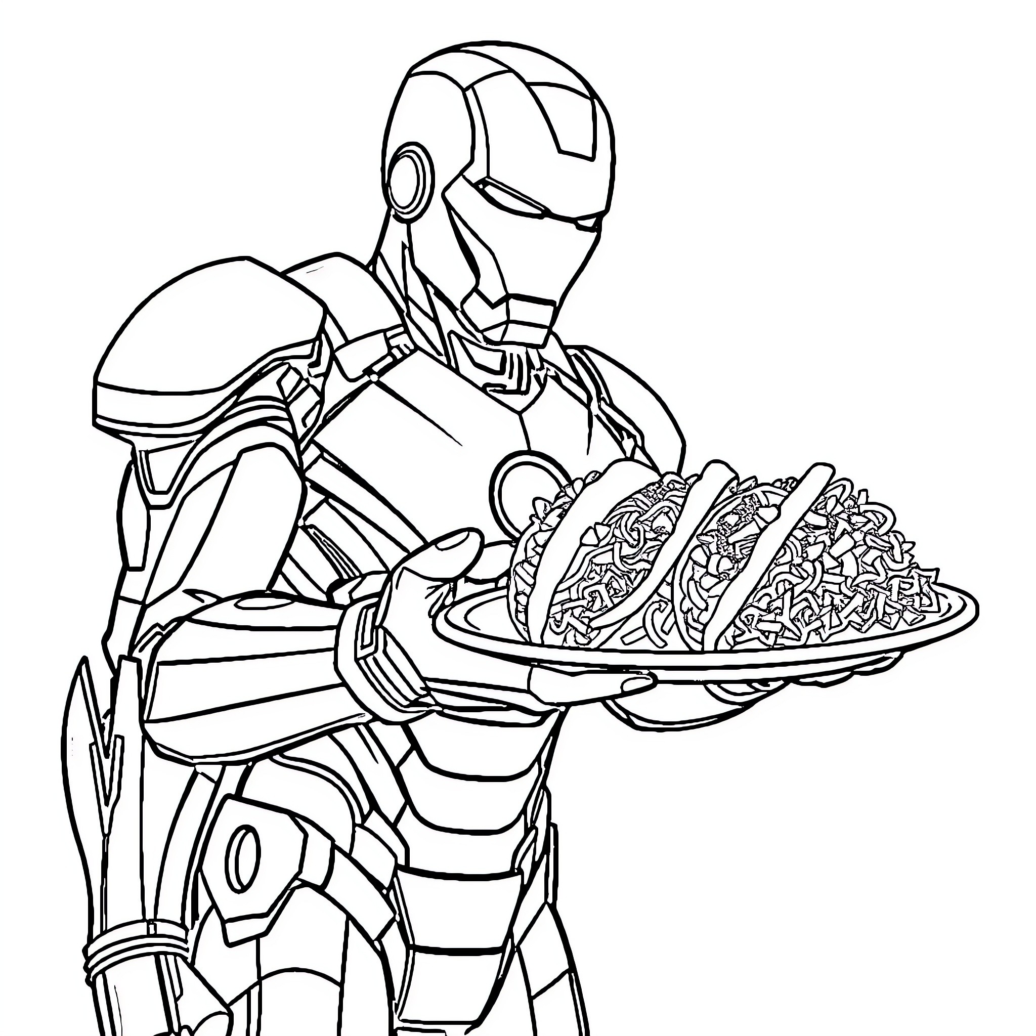 Ironman Serving a Delicious Meal Coloring Page (free black-and-white line drawing printable PDF for all, from beginners to advanced learners, including children, teens, adults, and seniors)