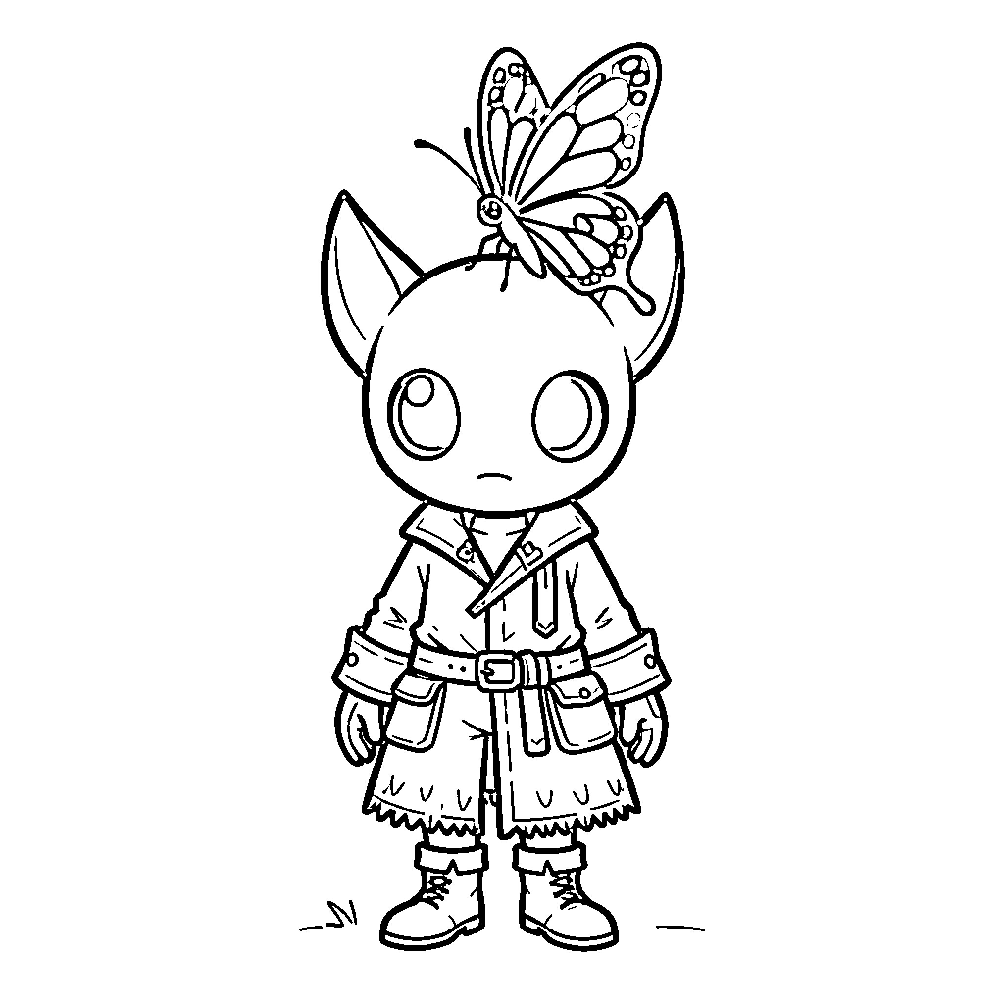 Hollow Knight character wearing a butterfly hairclip Coloring Page (free black-and-white line drawing printable PDF for all, from beginners to advanced learners, including children, teens, adults, and seniors)