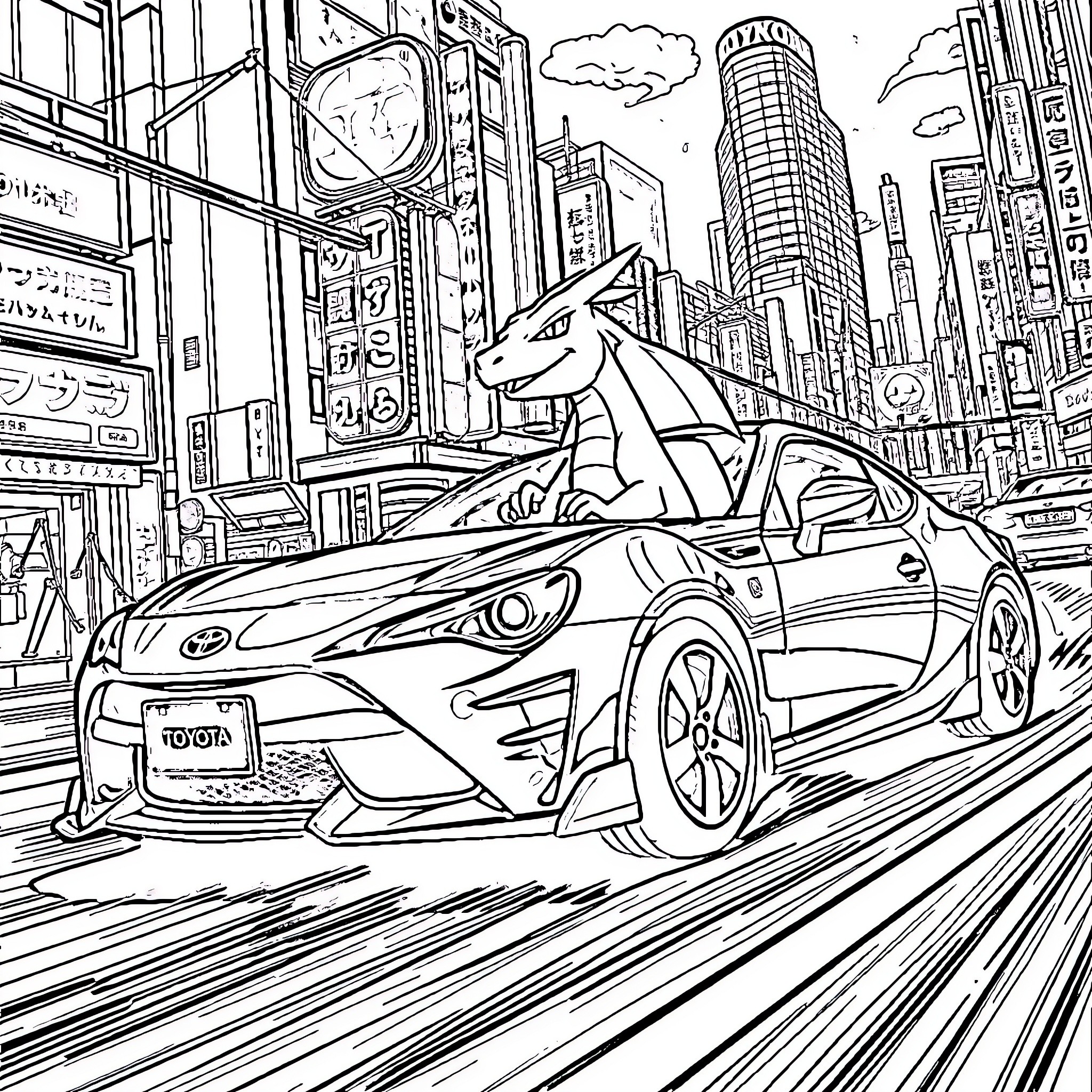 Charizard speeding through a futuristic city Coloring Page (free black-and-white line drawing printable PDF for all, from beginners to advanced learners, including children, teens, adults, and seniors)