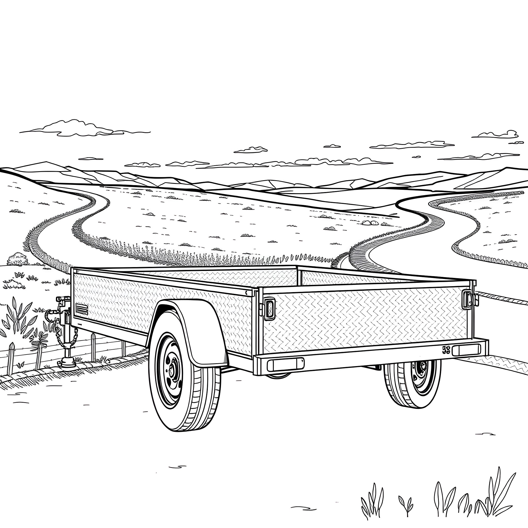 Car Trailer on a Dusty Rural Road Coloring Page (free black-and-white line drawing printable PDF for all, from beginners to advanced learners, including children, teens, adults, and seniors)