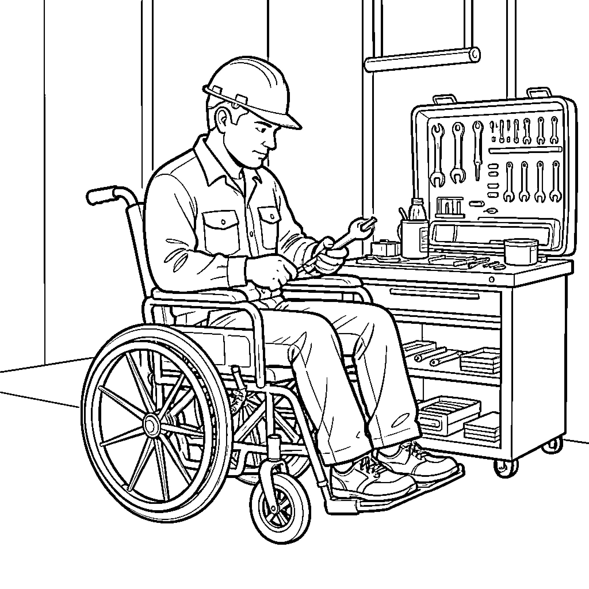 Maintenance Technician in a wheelchair repairing equipment Coloring Page (free black-and-white line drawing printable PDF for all, from beginners to advanced learners, including children, teens, adults, and seniors)
