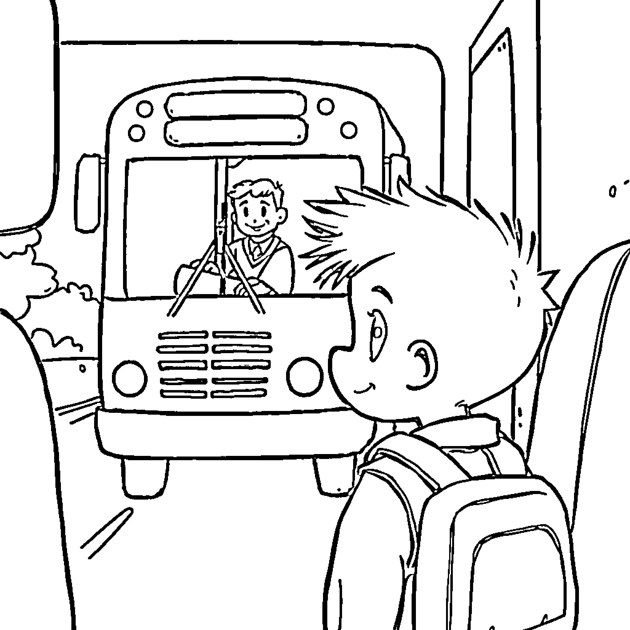 Garçon waits for the school bus Coloring Page (free black-and-white line drawing printable PDF for all, from beginners to advanced learners, including children, teens, adults, and seniors)