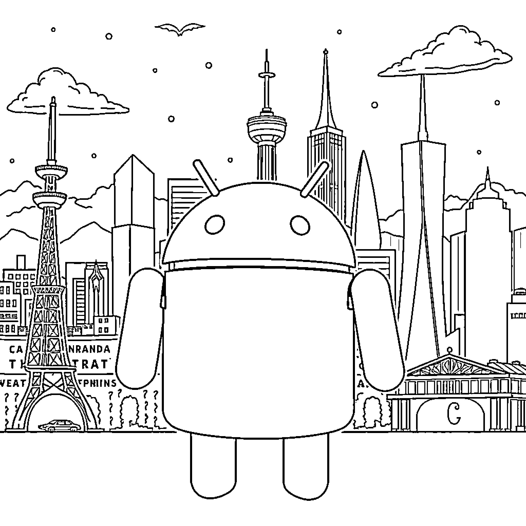 Android exploring the futuristic cityscape Coloring Page (free black-and-white line drawing printable PDF for all, from beginners to advanced learners, including children, teens, adults, and seniors)