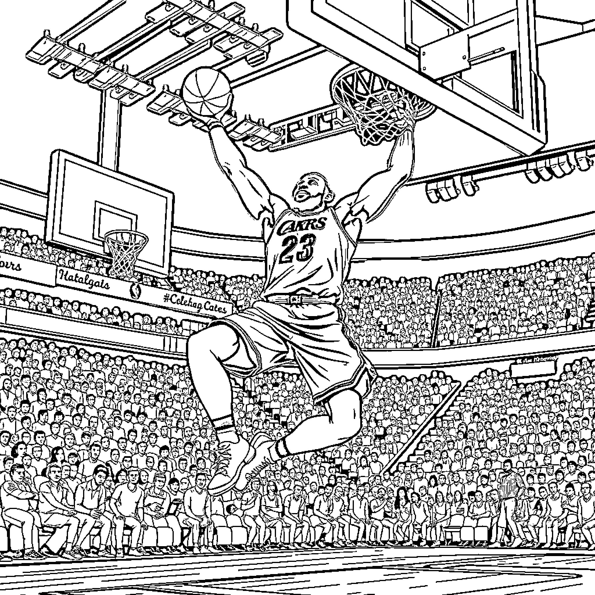 LeBron Dunks with Passion on the Basketball Court Coloring Page (free black-and-white line drawing printable PDF for all, from beginners to advanced learners, including children, teens, adults, and seniors)