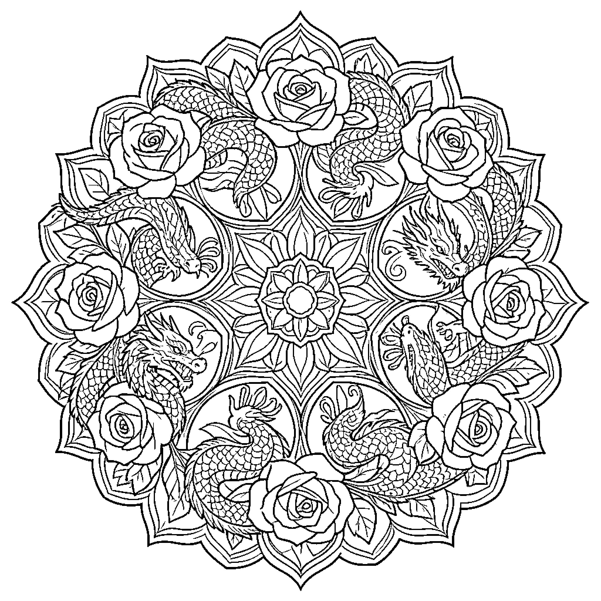Rose-Inspired Mandala with Intricate Floral Patterns Coloring Page (free black-and-white line drawing printable PDF for all, from beginners to advanced learners, including children, teens, adults, and seniors)