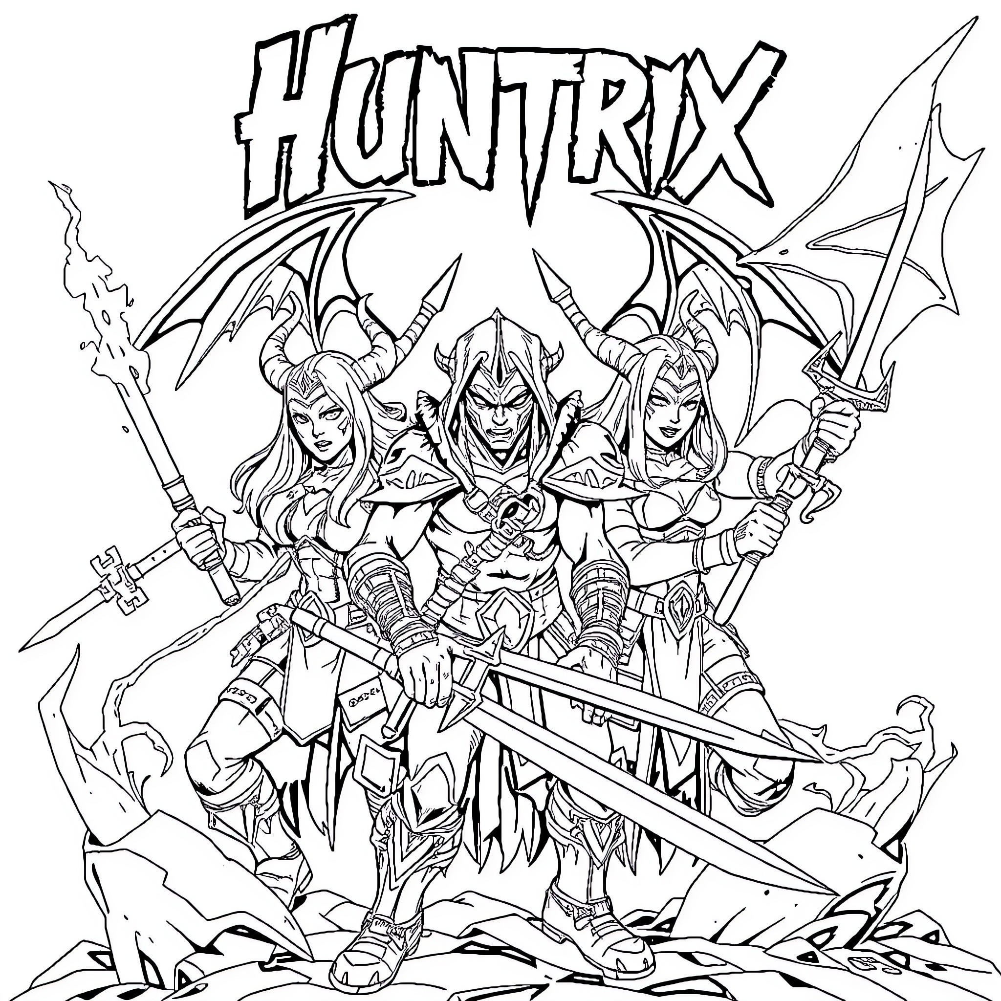 Demon Hunter Heroic Squad in Battle Gear Coloring Page (free black-and-white line drawing printable PDF for all, from beginners to advanced learners, including children, teens, adults, and seniors)