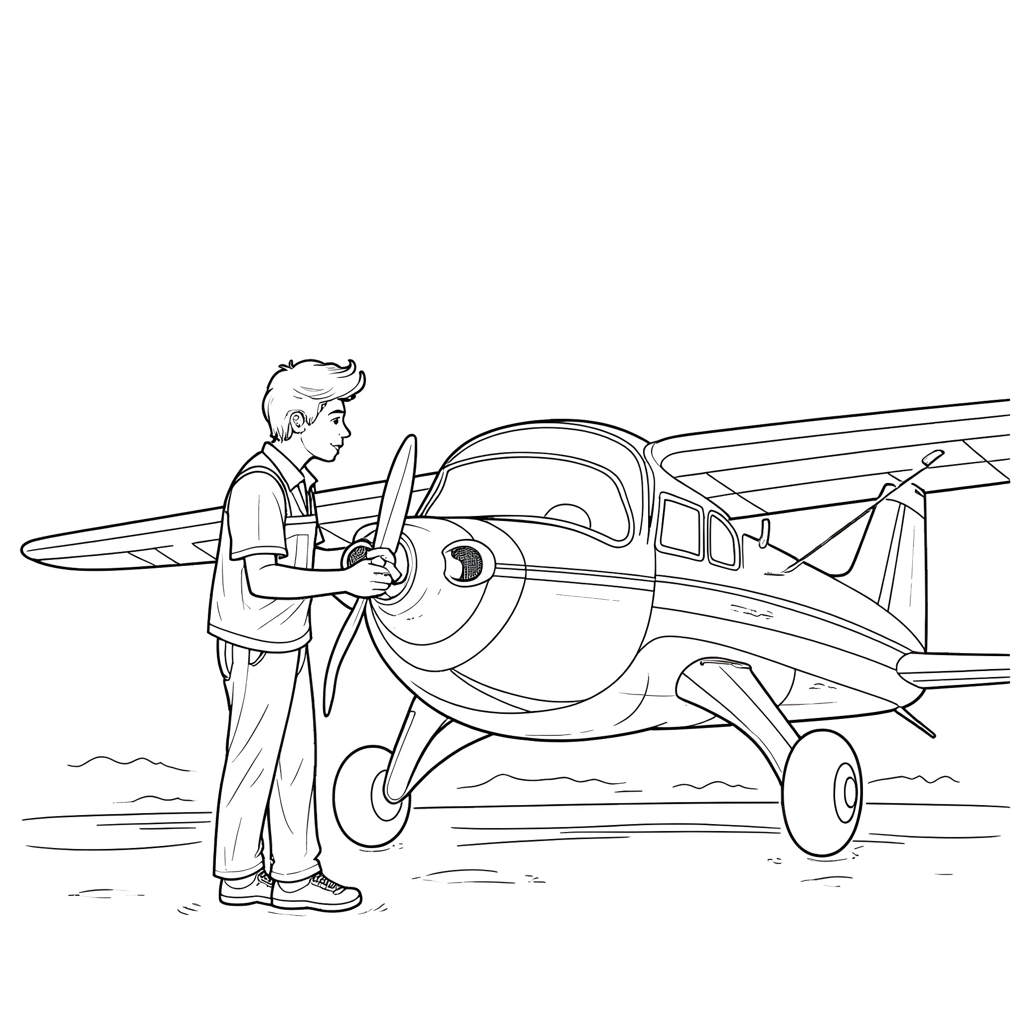 Mechanic inspecting and repairing a small aircraft Coloring Page (free black-and-white line drawing printable PDF for all, from beginners to advanced learners, including children, teens, adults, and seniors)