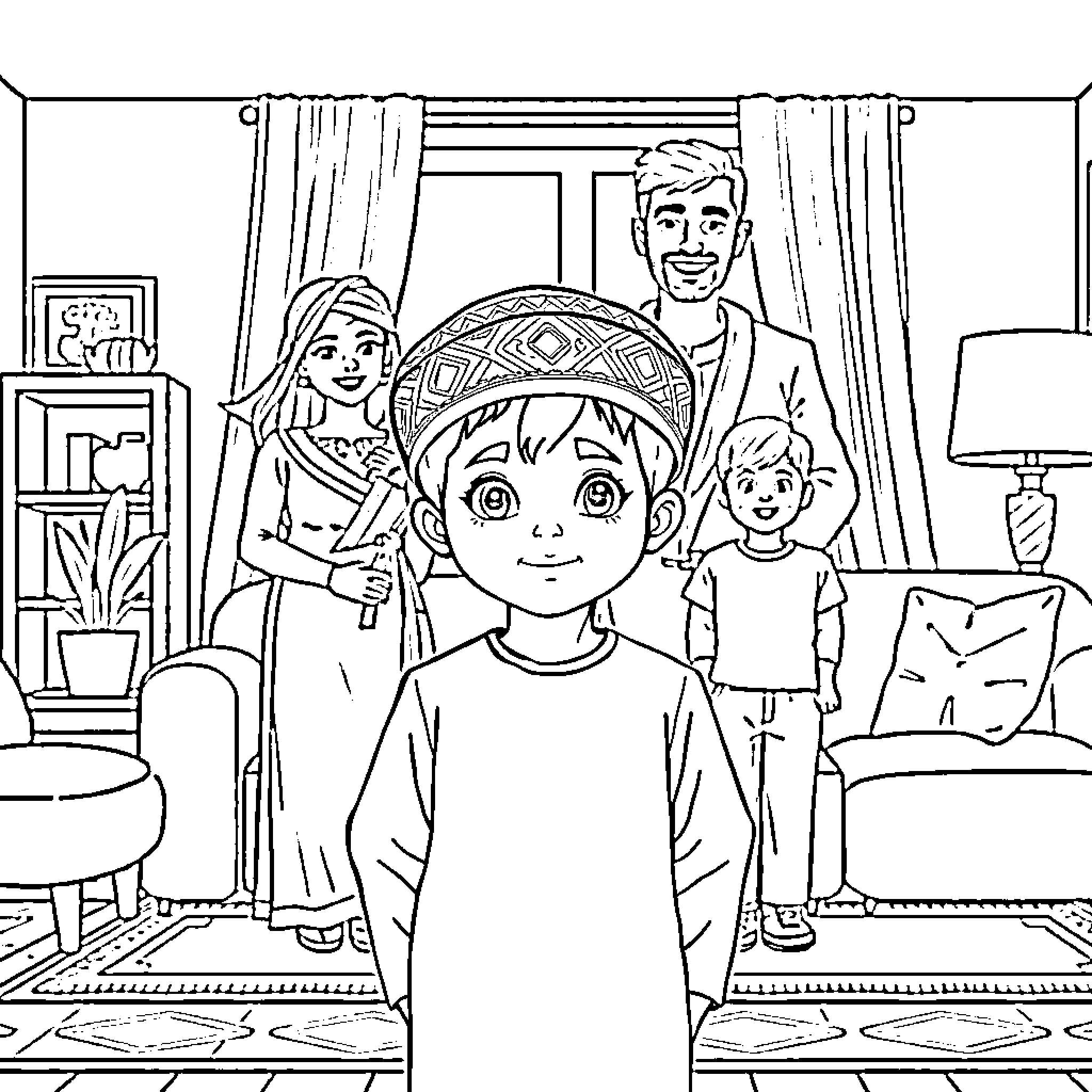 Boy and his family enjoying time together at home Coloring Page (free black-and-white line drawing printable PDF for all, from beginners to advanced learners, including children, teens, adults, and seniors)