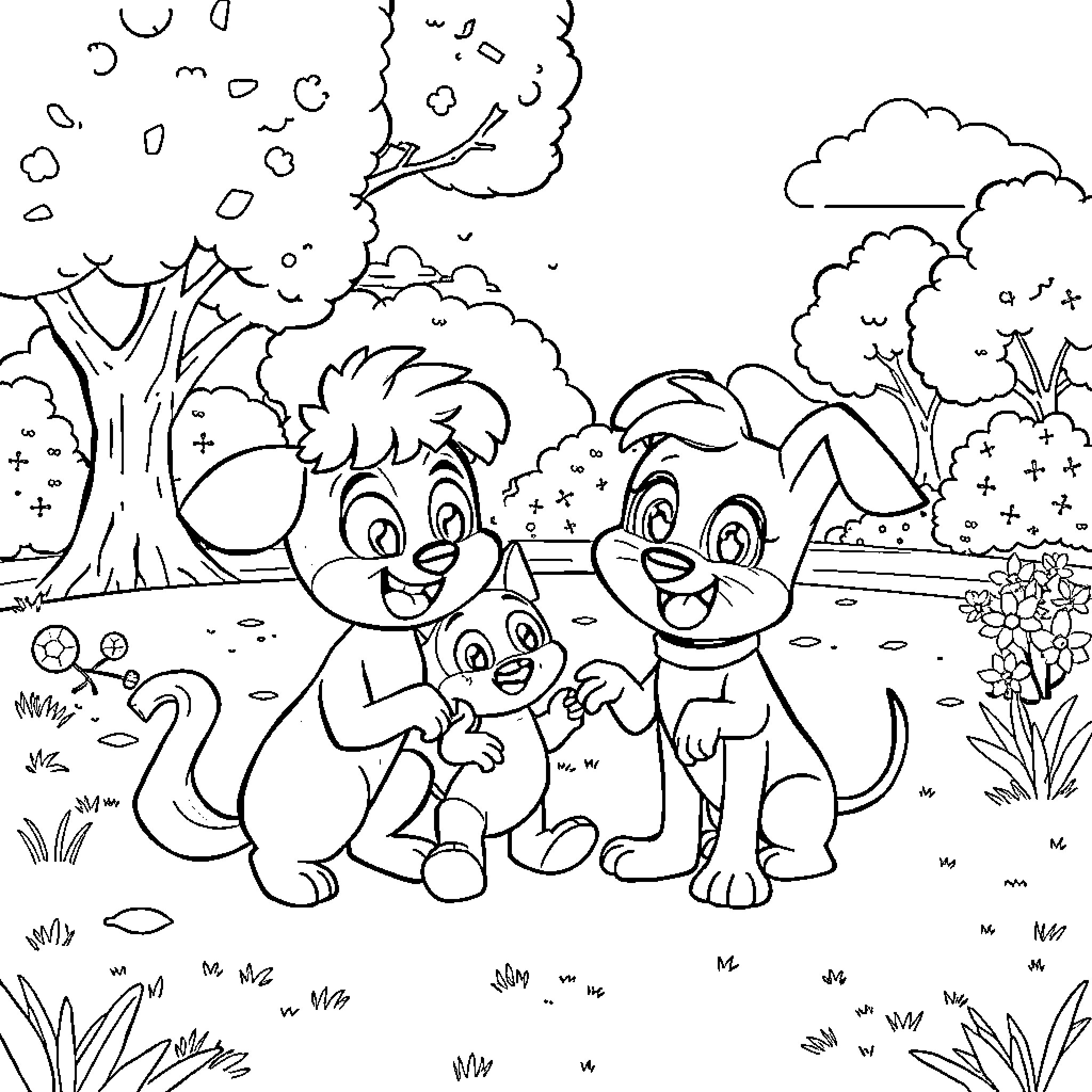 Bluy animals having fun in nature Coloring Page (free black-and-white line drawing printable PDF for all, from beginners to advanced learners, including children, teens, adults, and seniors)
