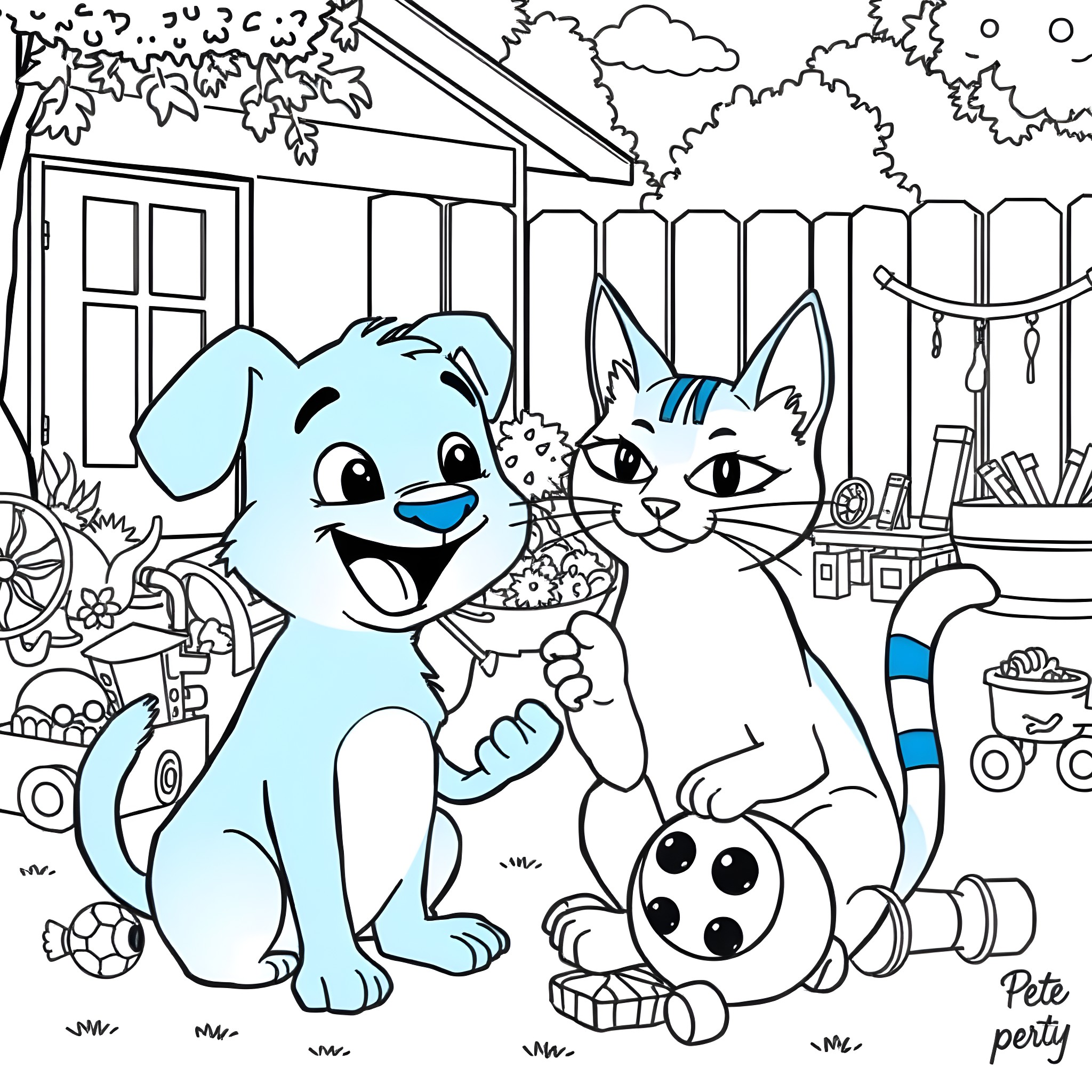 Bluey and Friends Enjoying the Backyard Coloring Page (free black-and-white line drawing printable PDF for all, from beginners to advanced learners, including children, teens, adults, and seniors)