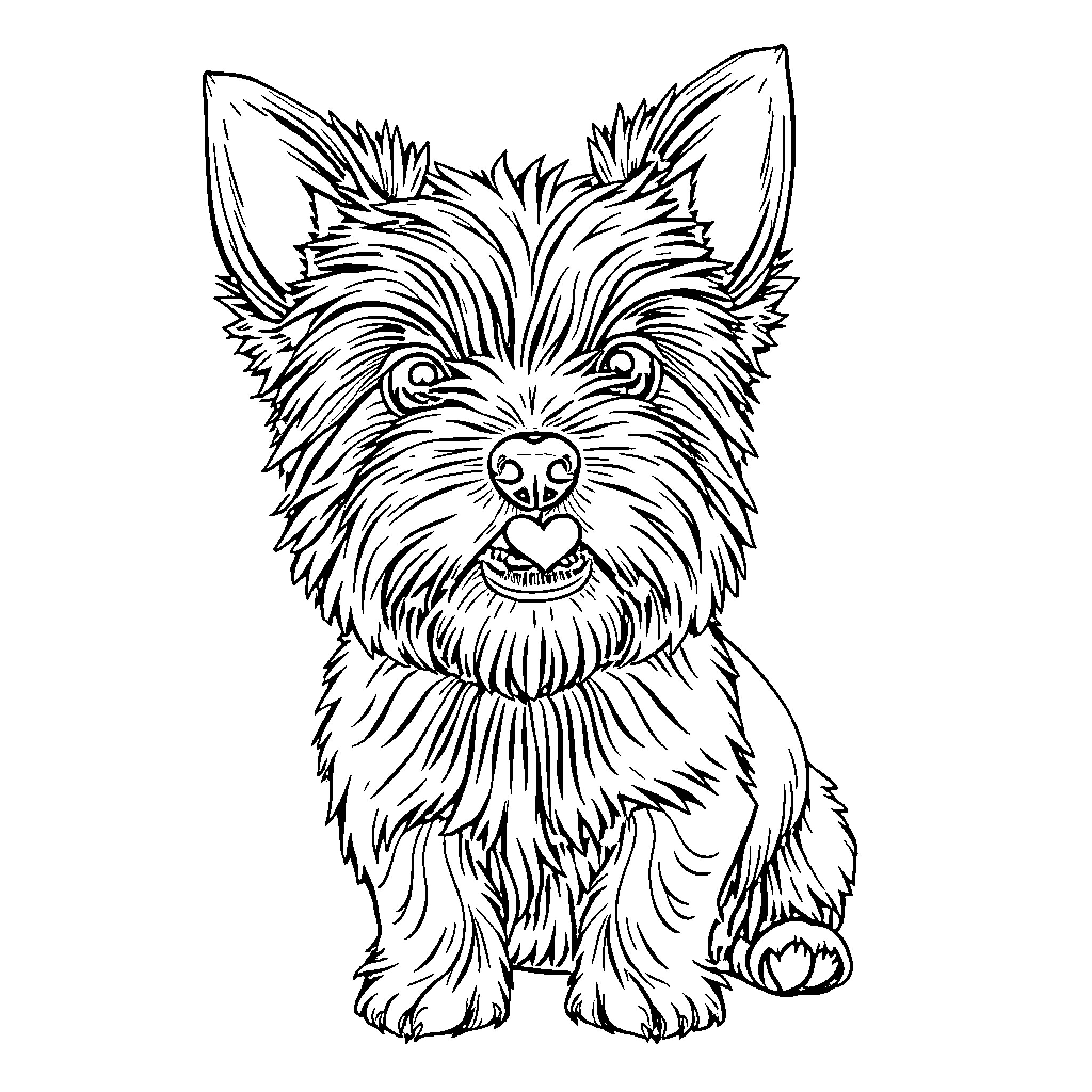 Yorkshire Terrier with Playful Expression Coloring Page (free black-and-white line drawing printable PDF for all, from beginners to advanced learners, including children, teens, adults, and seniors)