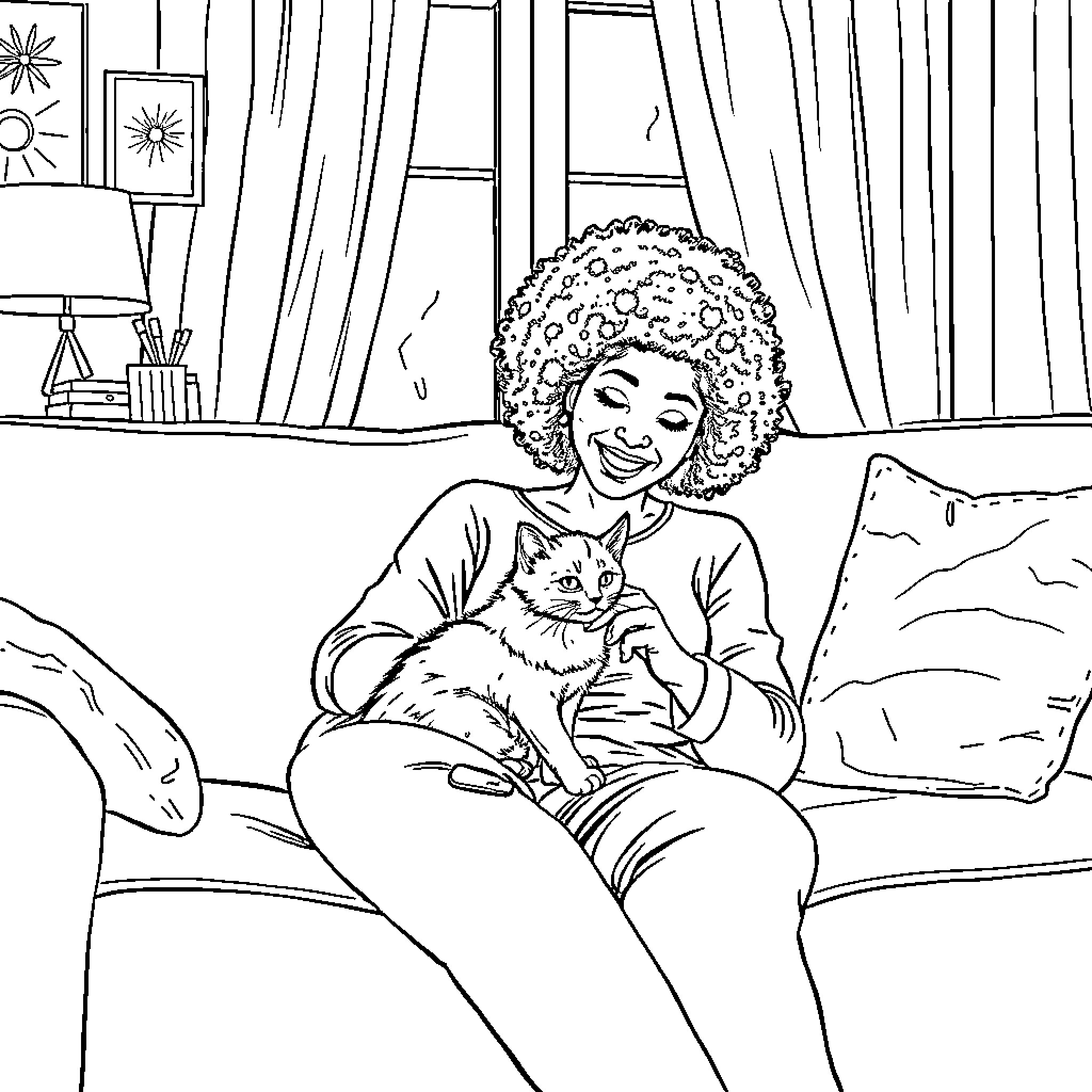 Woman relaxing at home with her pet cat Coloring Page (free black-and-white line drawing printable PDF for all, from beginners to advanced learners, including children, teens, adults, and seniors)