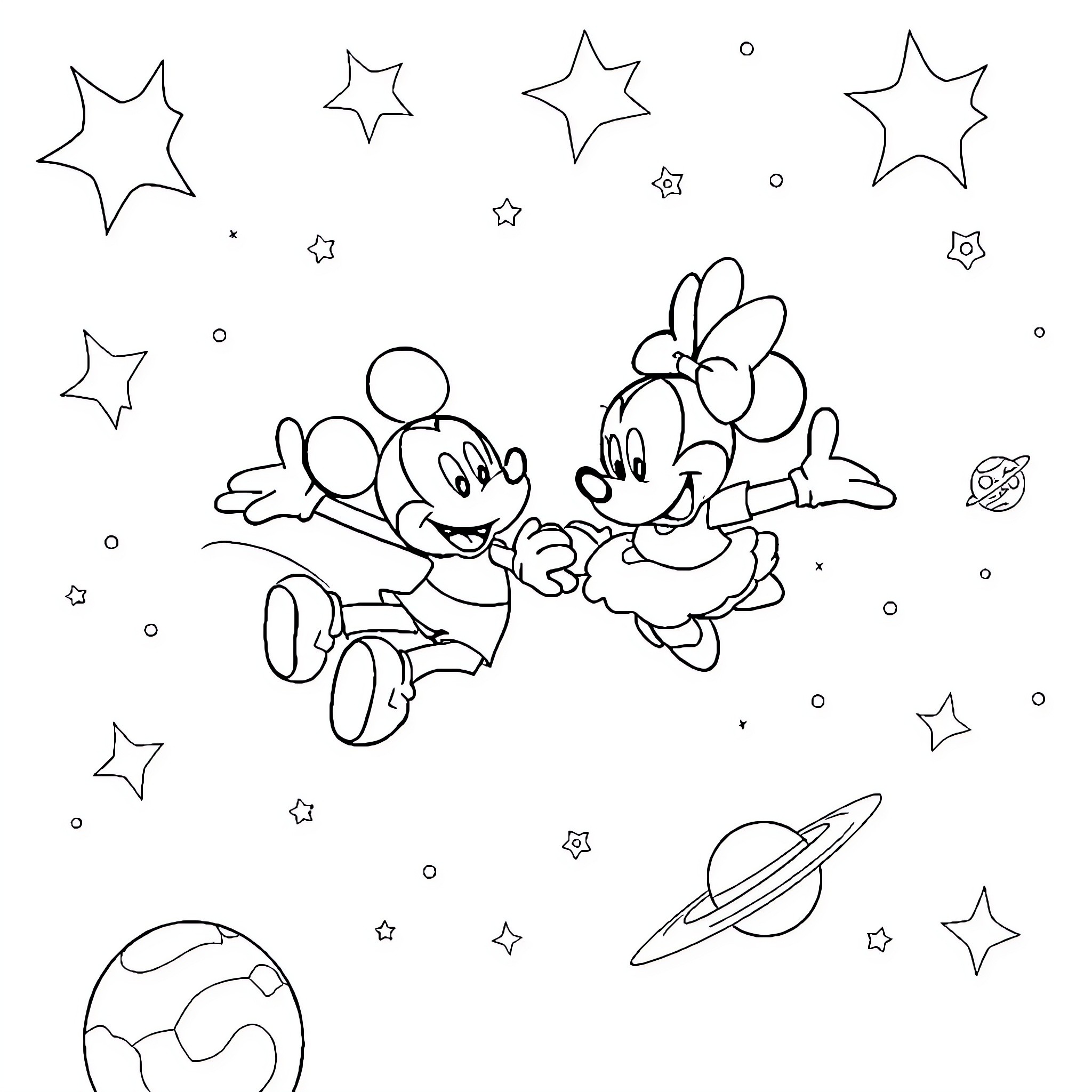 Mickey and Minnie Dancing Joyfully Among the Stars Coloring Page (free black-and-white line drawing printable PDF for all, from beginners to advanced learners, including children, teens, adults, and seniors)