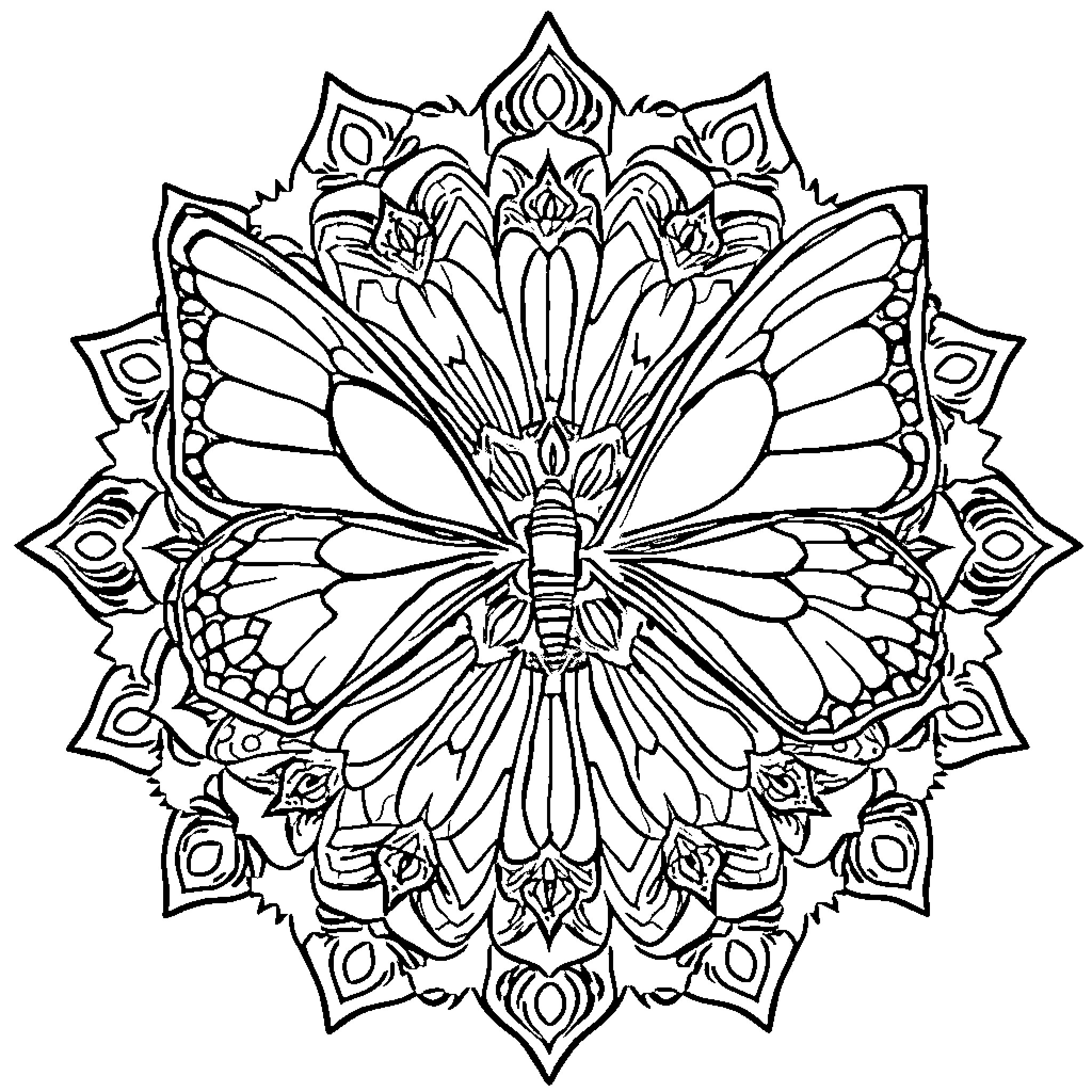 Butterfly Mandala Design Coloring Page (free black-and-white line drawing printable PDF for all, from beginners to advanced learners, including children, teens, adults, and seniors)