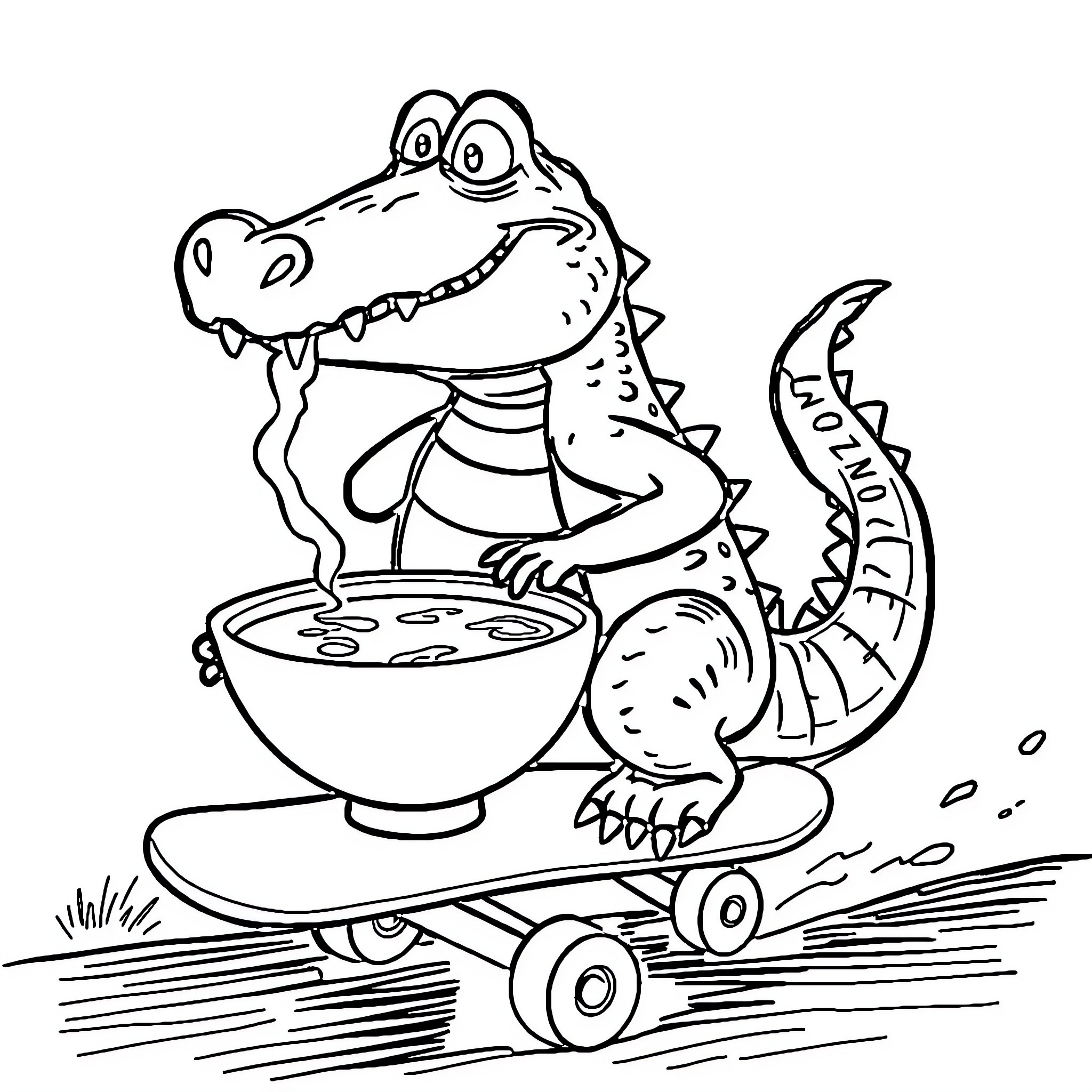 Gator skating with a tasty treat Coloring Page (free black-and-white line drawing printable PDF for all, from beginners to advanced learners, including children, teens, adults, and seniors)