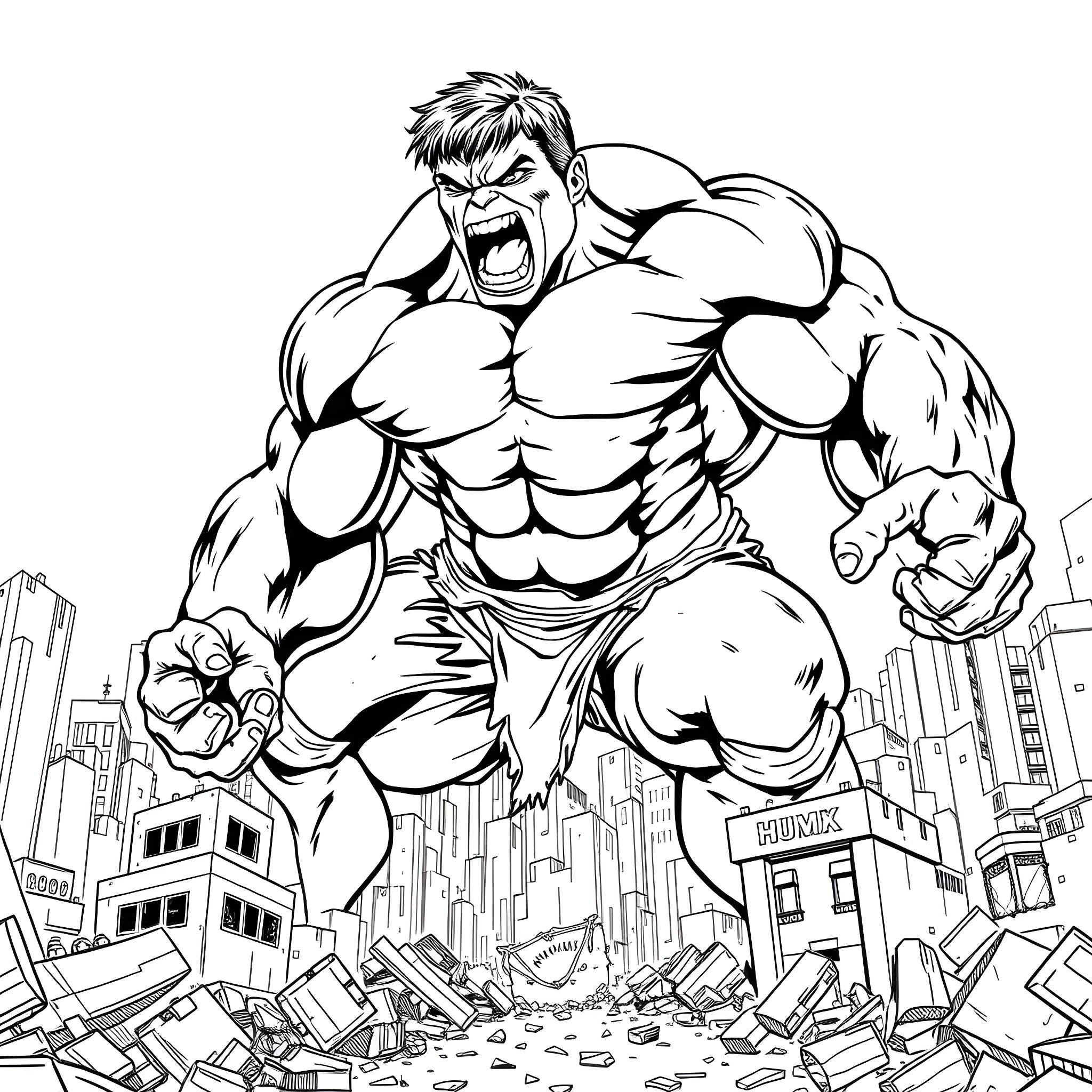 Hulk Rampaging Through the City Coloring Page (free black-and-white line drawing printable PDF for all, from beginners to advanced learners, including children, teens, adults, and seniors)