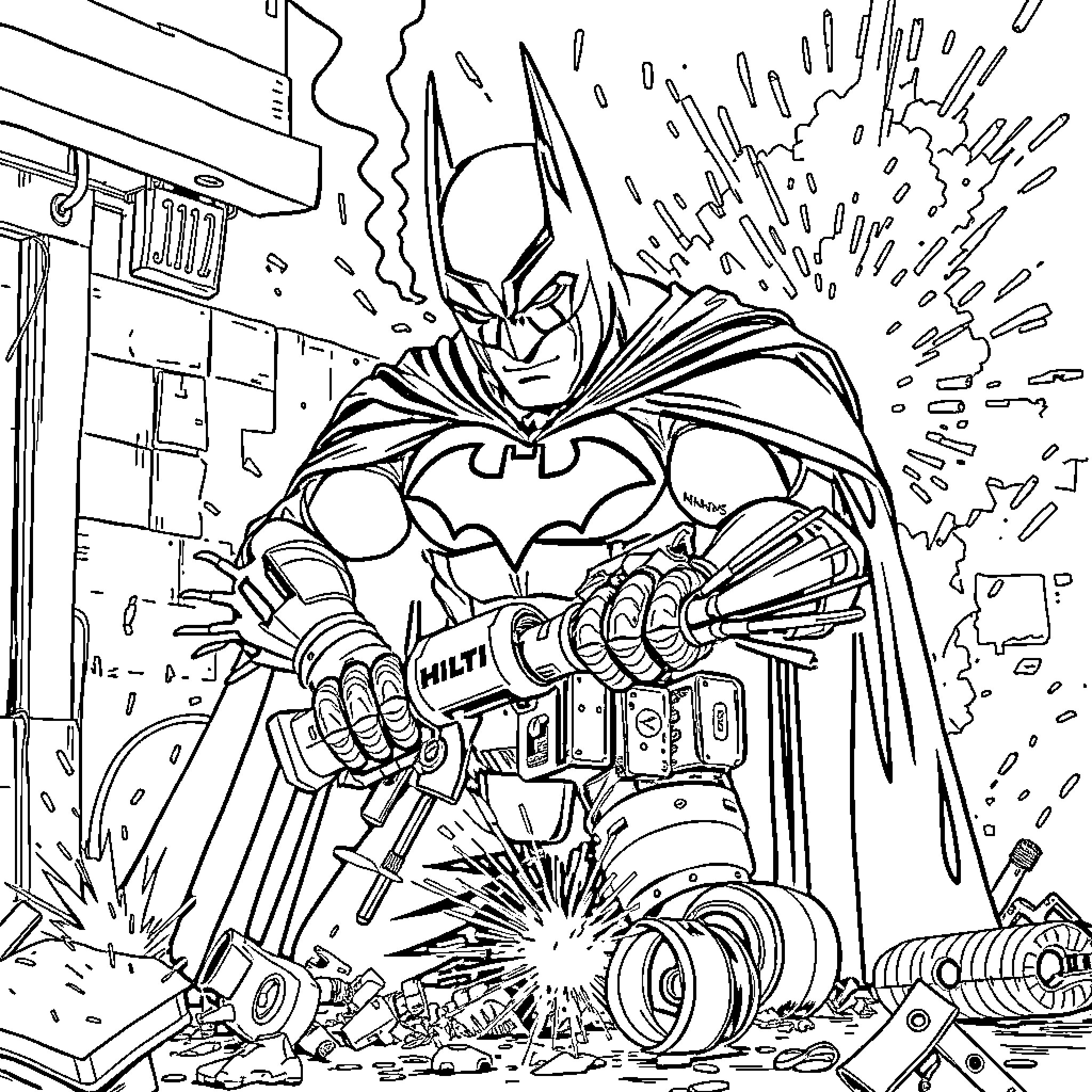 Batman in action destroying obstacles Coloring Page (free black-and-white line drawing printable PDF for all, from beginners to advanced learners, including children, teens, adults, and seniors)