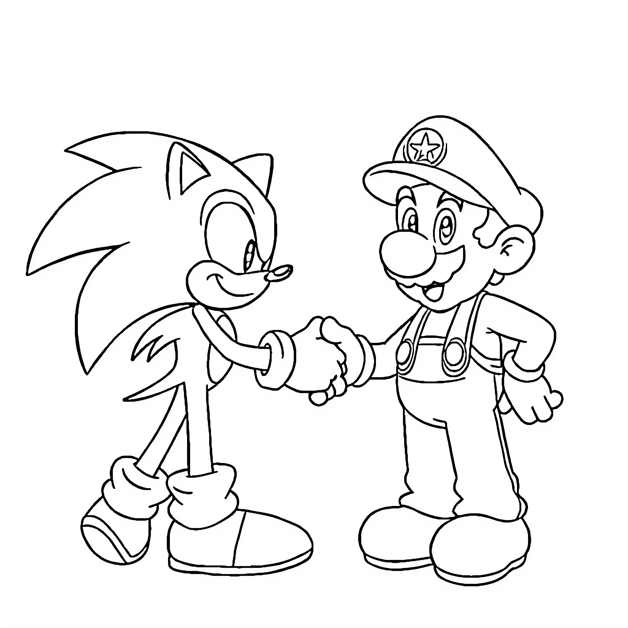Sonic and Mario in friendly interaction Coloring Page (free black-and-white line drawing printable PDF for all, from beginners to advanced learners, including children, teens, adults, and seniors)