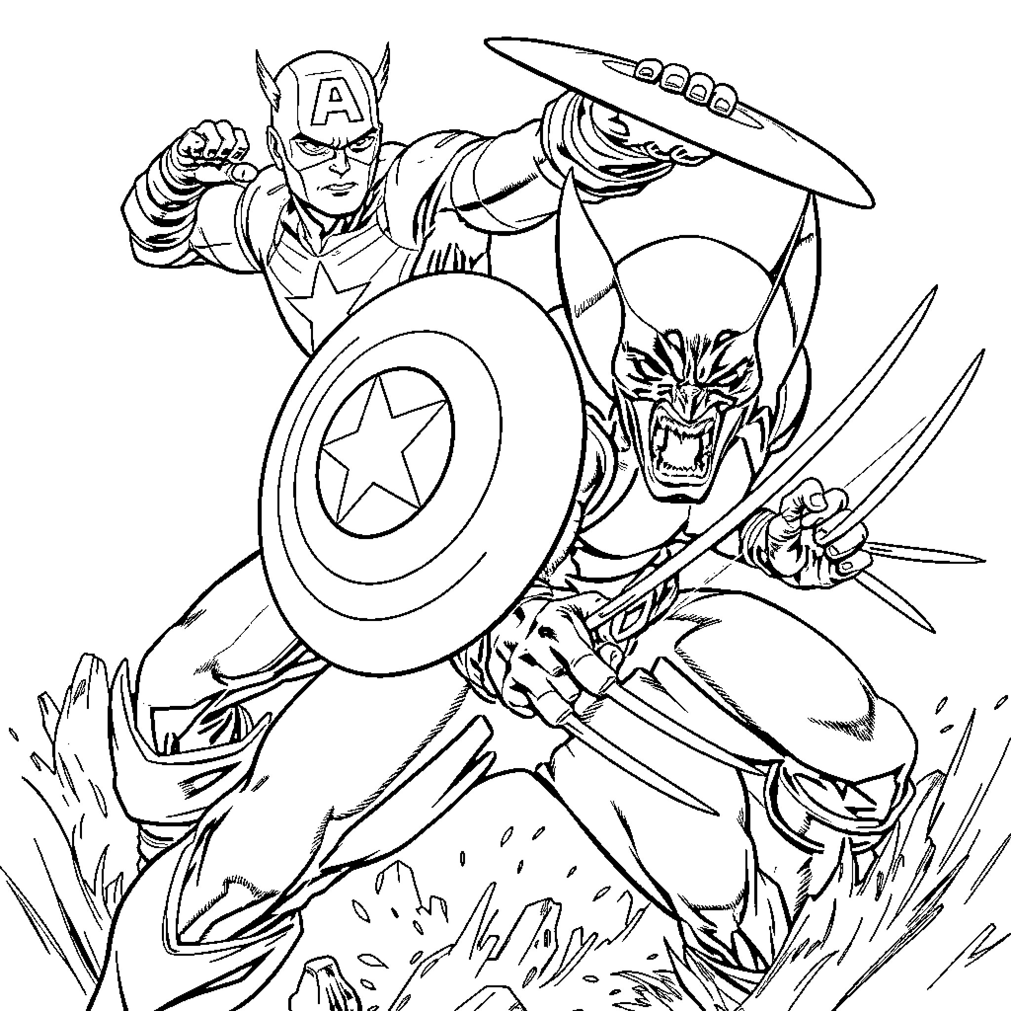 Captain America battles fierce enemy in combat Coloring Page (free black-and-white line drawing printable PDF for all, from beginners to advanced learners, including children, teens, adults, and seniors)