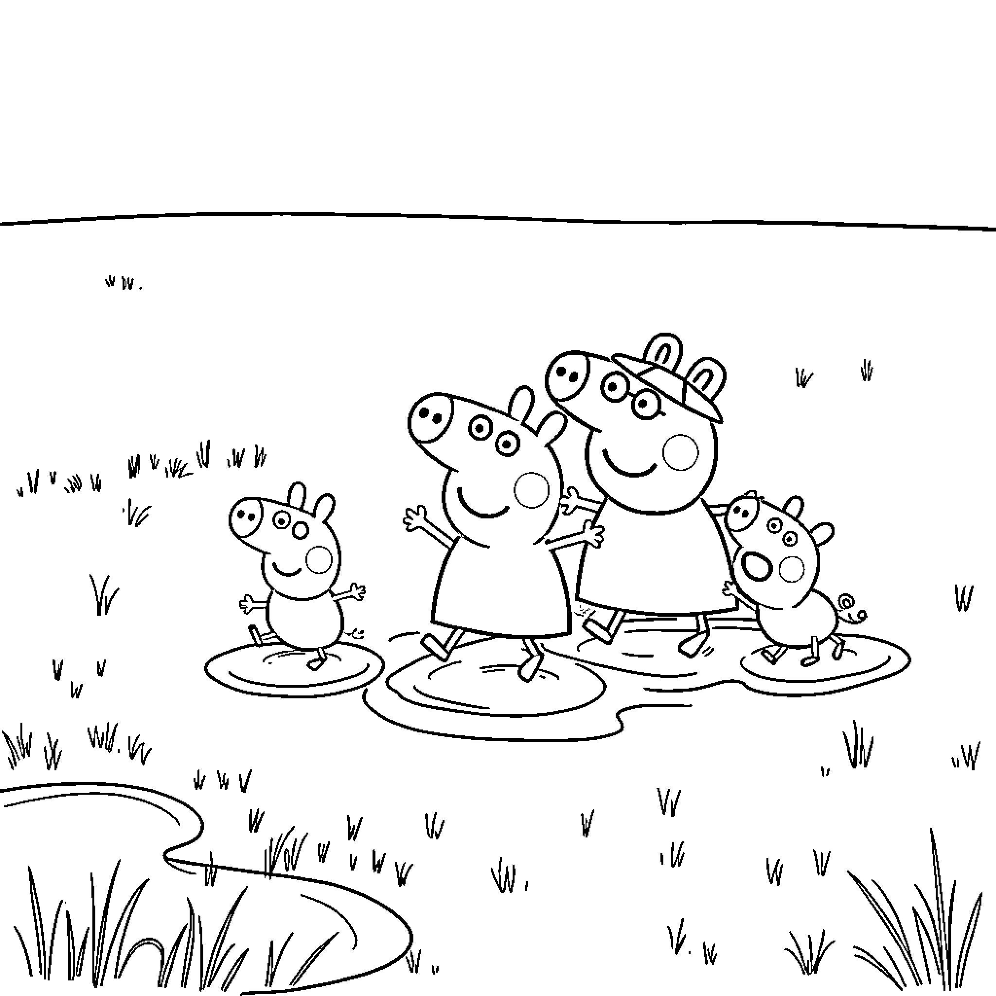 Peppa Pig family playing together in the garden Coloring Page (free black-and-white line drawing printable PDF for all, from beginners to advanced learners, including children, teens, adults, and seniors)