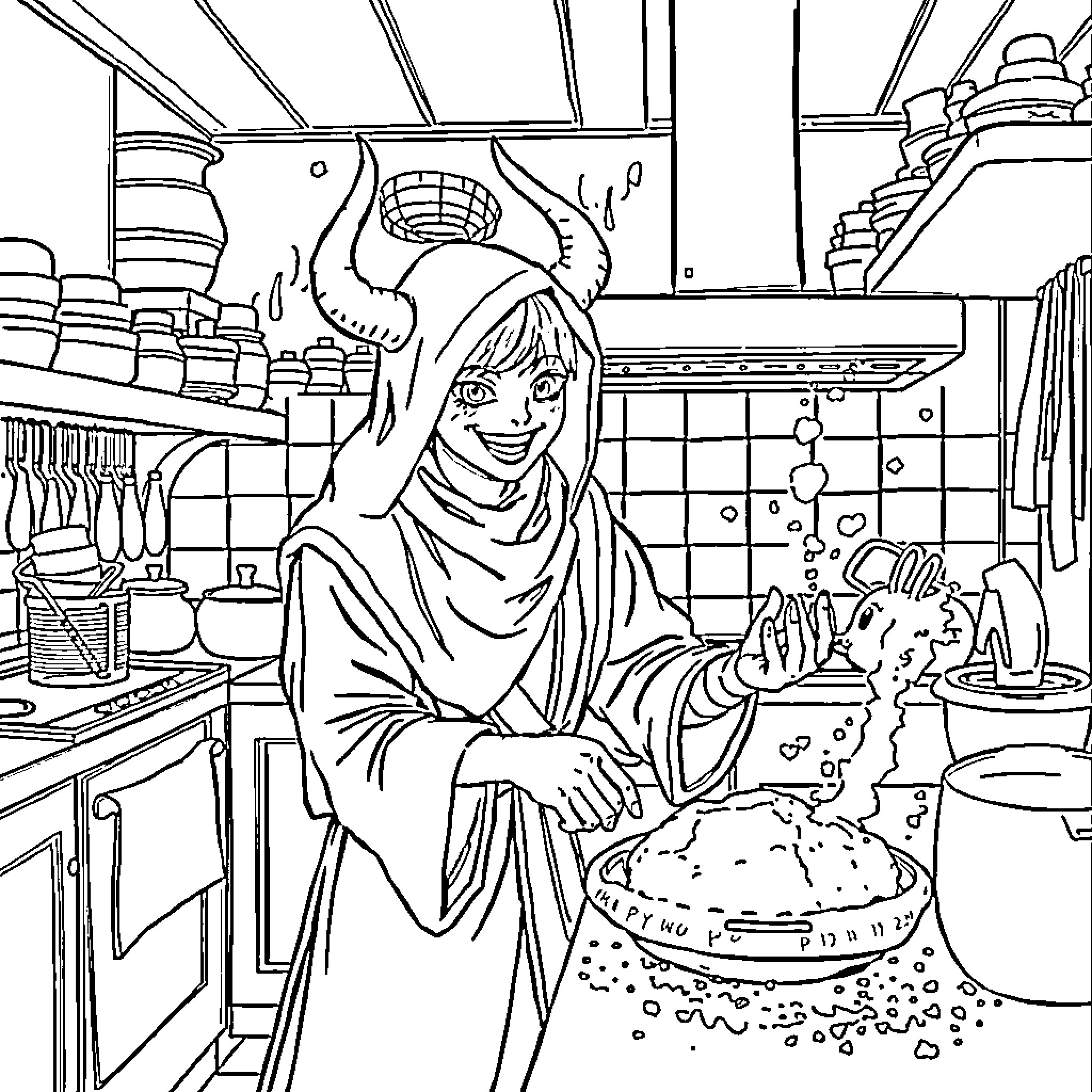 Rumi cooking a delicious meal in the kitchen Coloring Page (free black-and-white line drawing printable PDF for all, from beginners to advanced learners, including children, teens, adults, and seniors)