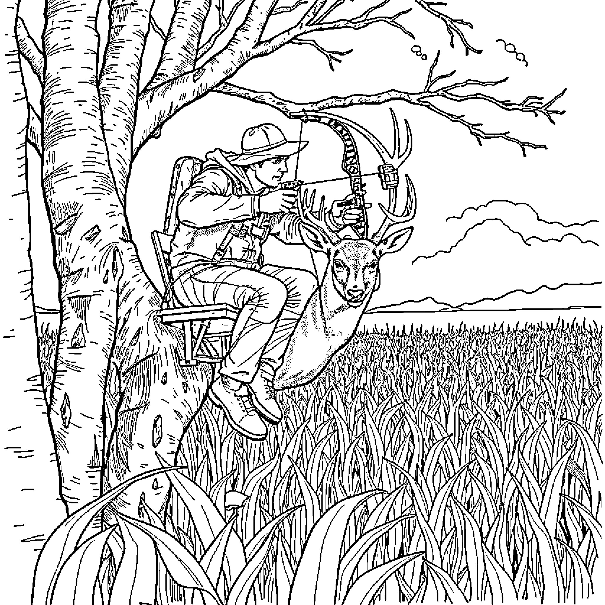 Bowhunter tracking deer in woodland scene Coloring Page (free black-and-white line drawing printable PDF for all, from beginners to advanced learners, including children, teens, adults, and seniors)