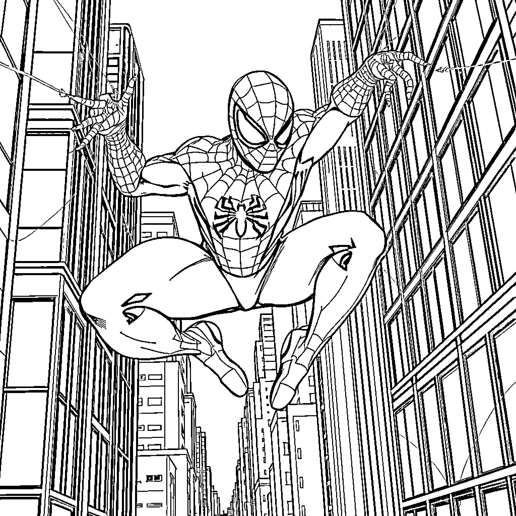 Spiderman swinging through the city skyscrapers Coloring Page (free black-and-white line drawing printable PDF for all, from beginners to advanced learners, including children, teens, adults, and seniors)