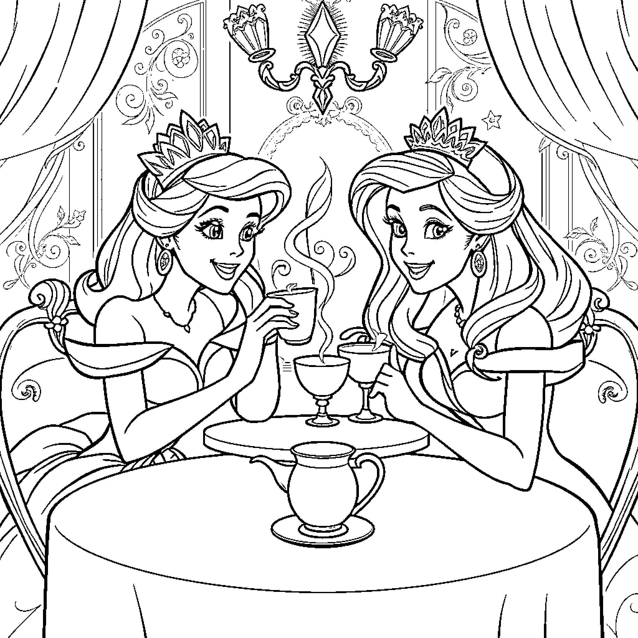 Disney Princess Enjoying Tea Time Together Coloring Page (free black-and-white line drawing printable PDF for all, from beginners to advanced learners, including children, teens, adults, and seniors)