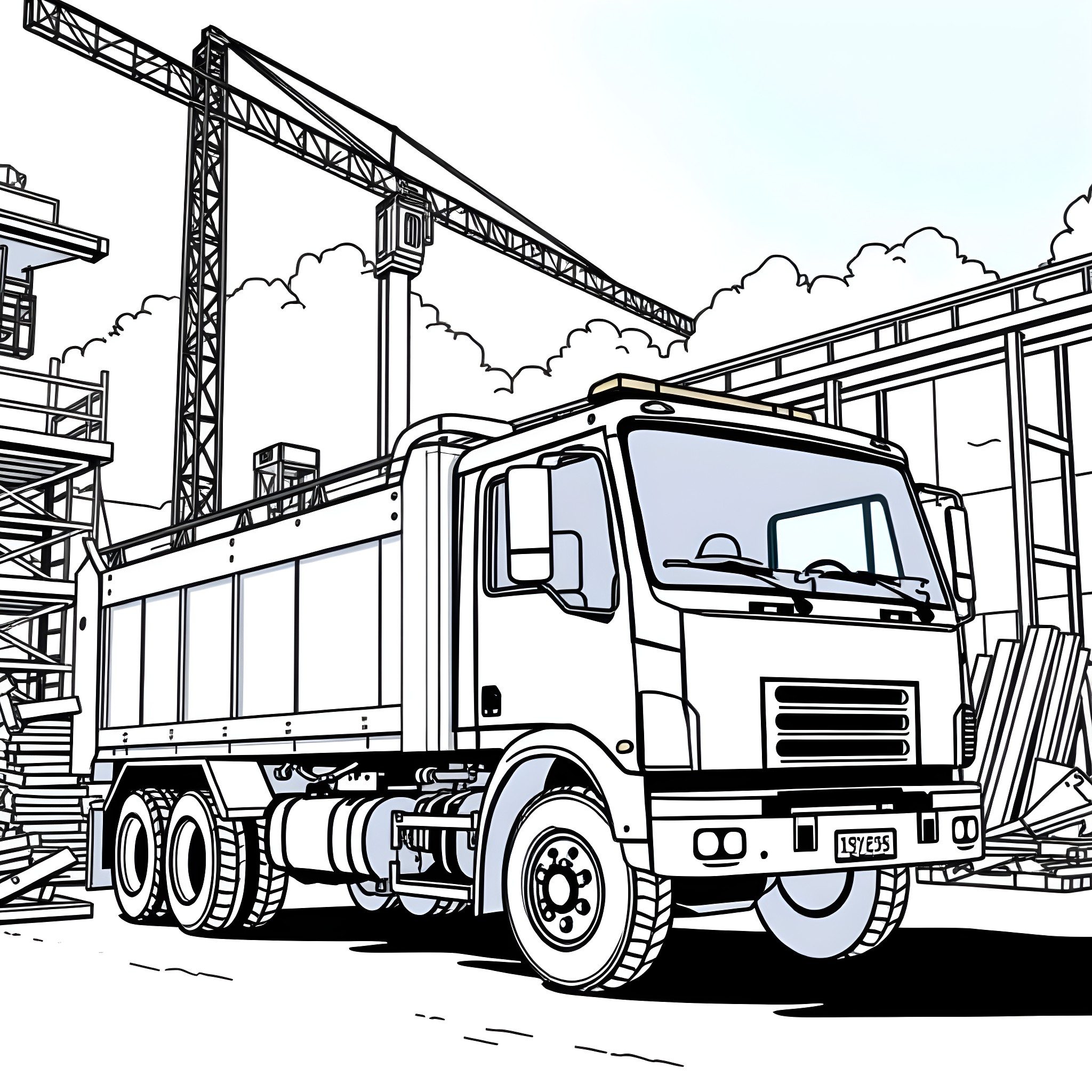 Truck hauling construction materials on site Coloring Page (free black-and-white line drawing printable PDF for all, from beginners to advanced learners, including children, teens, adults, and seniors)