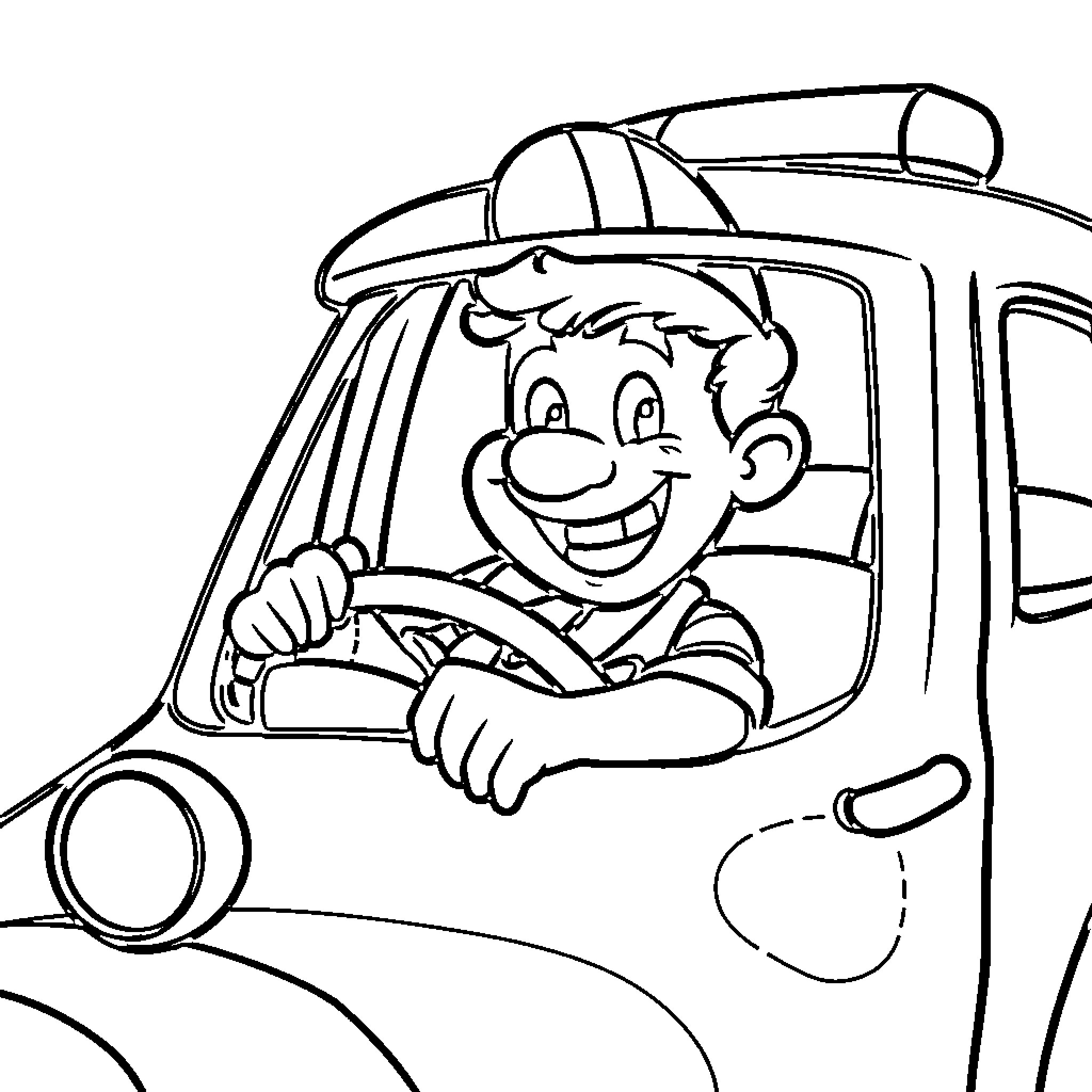 Chavo driving a car happily Coloring Page (free black-and-white line drawing printable PDF for all, from beginners to advanced learners, including children, teens, adults, and seniors)