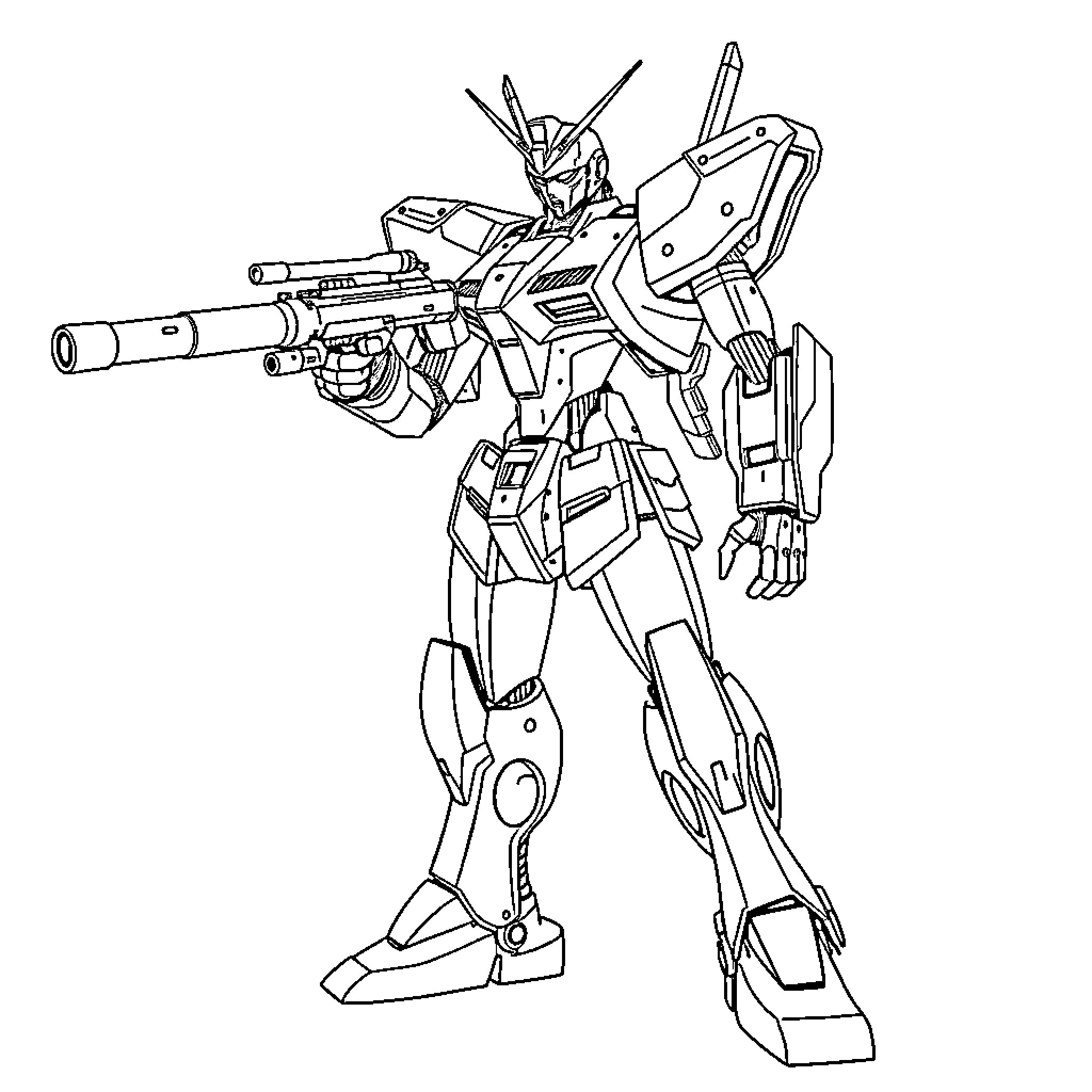 Evangelion Mecha Warrior Wielding Futuristic Firearm Coloring Page (free black-and-white line drawing printable PDF for all, from beginners to advanced learners, including children, teens, adults, and seniors)