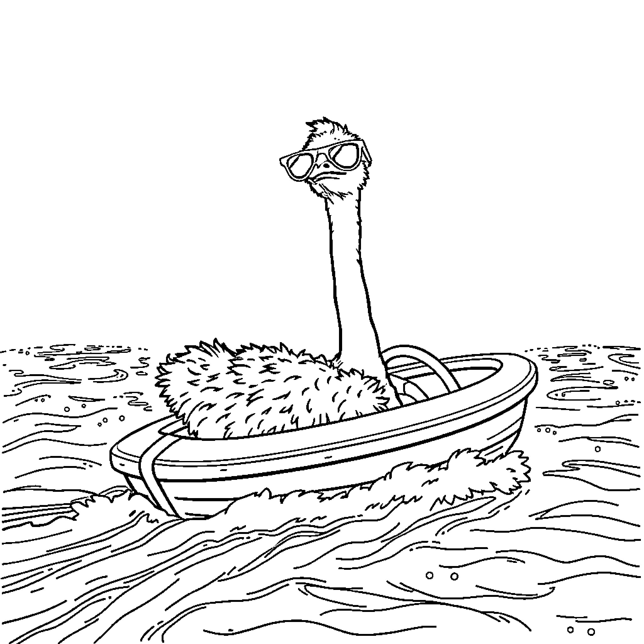 Ostrich sailing on a boat with sunglasses Coloring Page (free black-and-white line drawing printable PDF for all, from beginners to advanced learners, including children, teens, adults, and seniors)