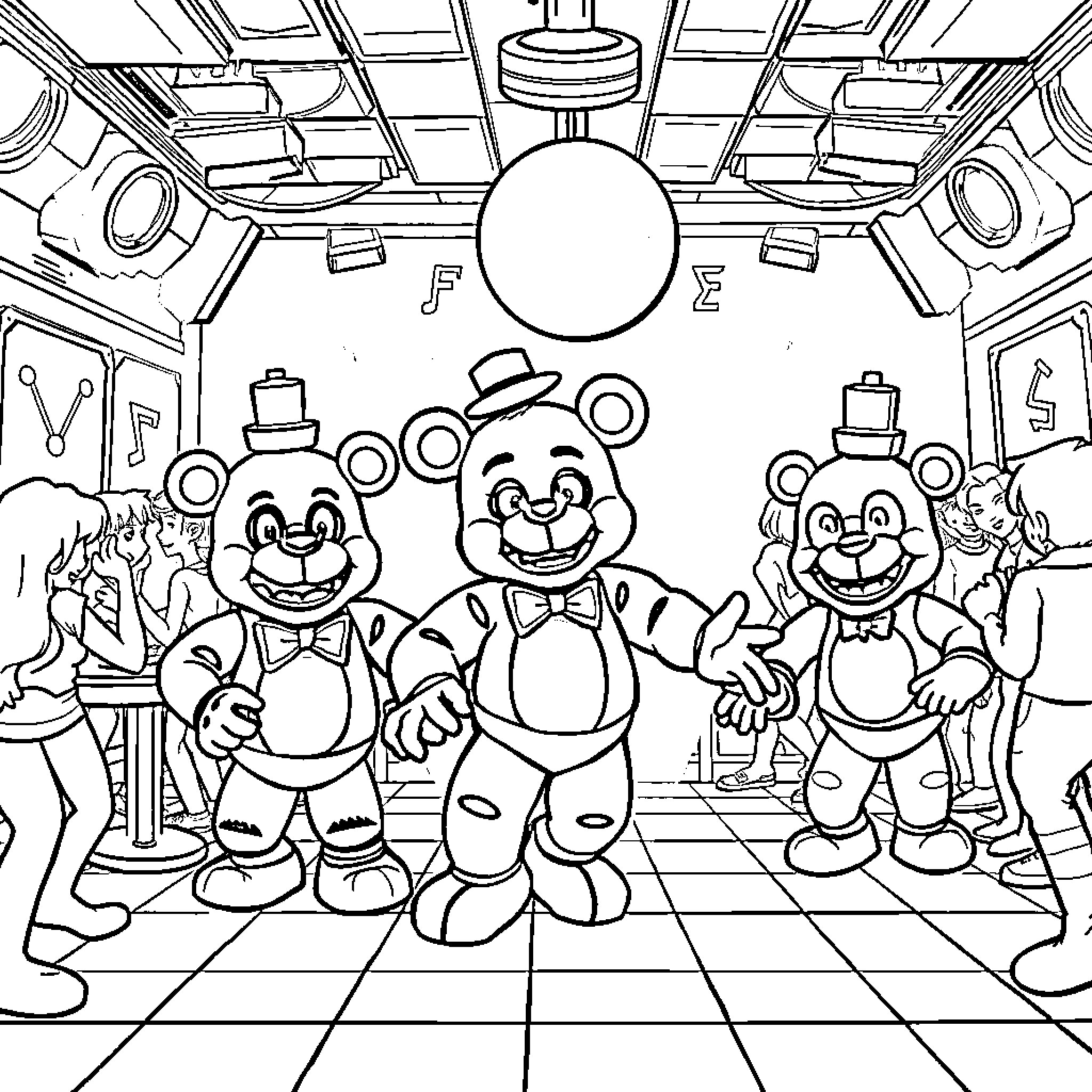 Freddy Fazbear and Friends Entertaining Patrons in Their Pizzeria Coloring Page (free black-and-white line drawing printable PDF for all, from beginners to advanced learners, including children, teens, adults, and seniors)