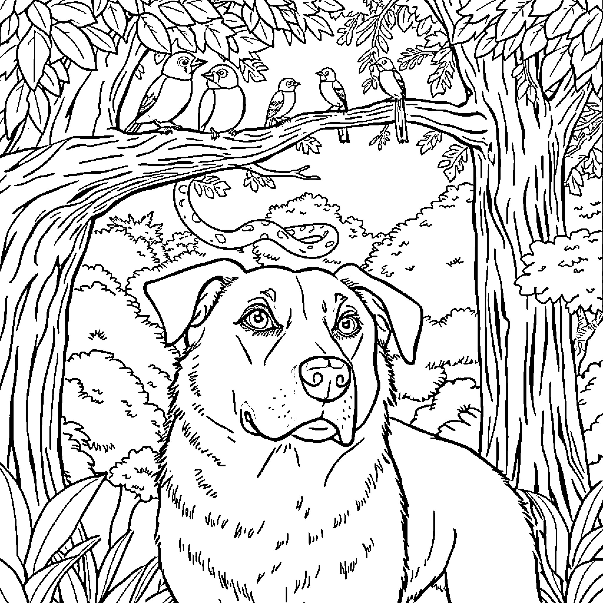 Dog enjoying peaceful nature scenery with birds Coloring Page (free black-and-white line drawing printable PDF for all, from beginners to advanced learners, including children, teens, adults, and seniors)