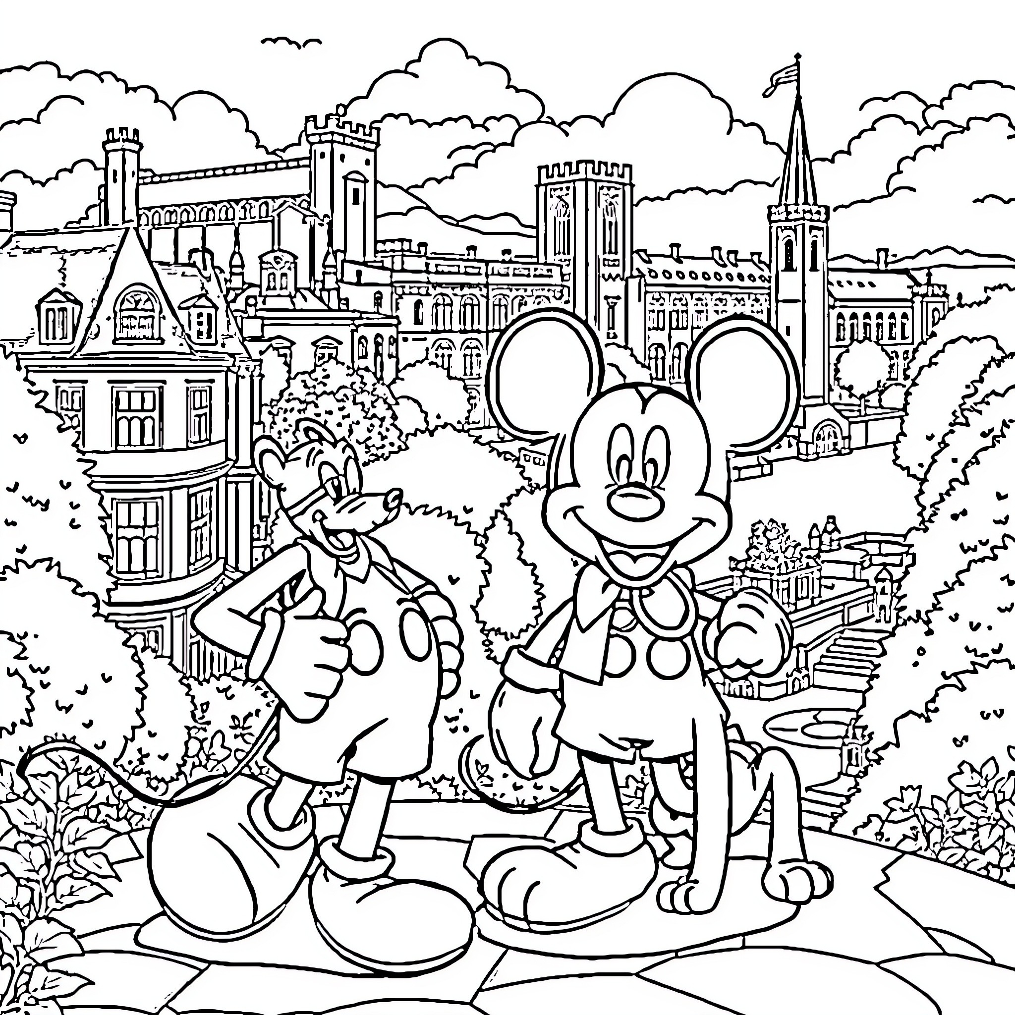 Mickey Mouse exploring the magical Disney castle landscape Coloring Page (free black-and-white line drawing printable PDF for all, from beginners to advanced learners, including children, teens, adults, and seniors)