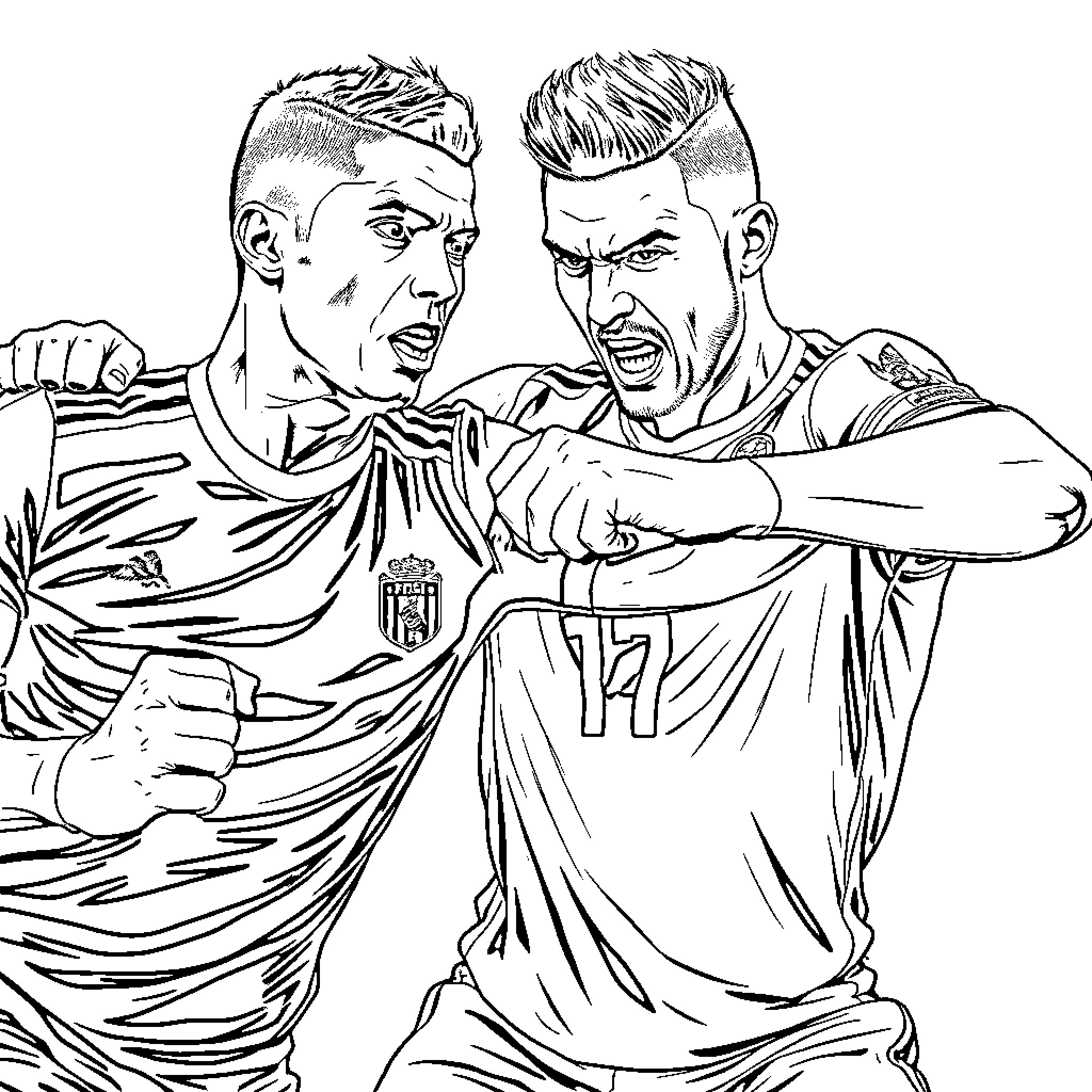 Cristiano Ronaldo in an intense soccer match Coloring Page (free black-and-white line drawing printable PDF for all, from beginners to advanced learners, including children, teens, adults, and seniors)