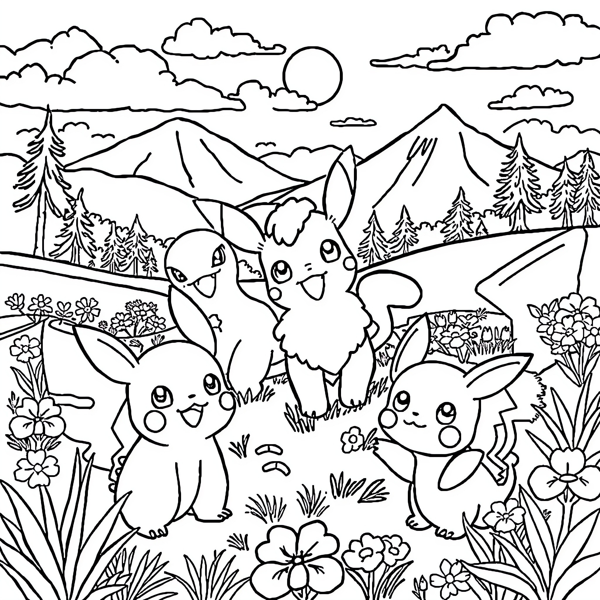Pokémon Playing in the Scenic Mountain Landscape Coloring Page (free black-and-white line drawing printable PDF for all, from beginners to advanced learners, including children, teens, adults, and seniors)