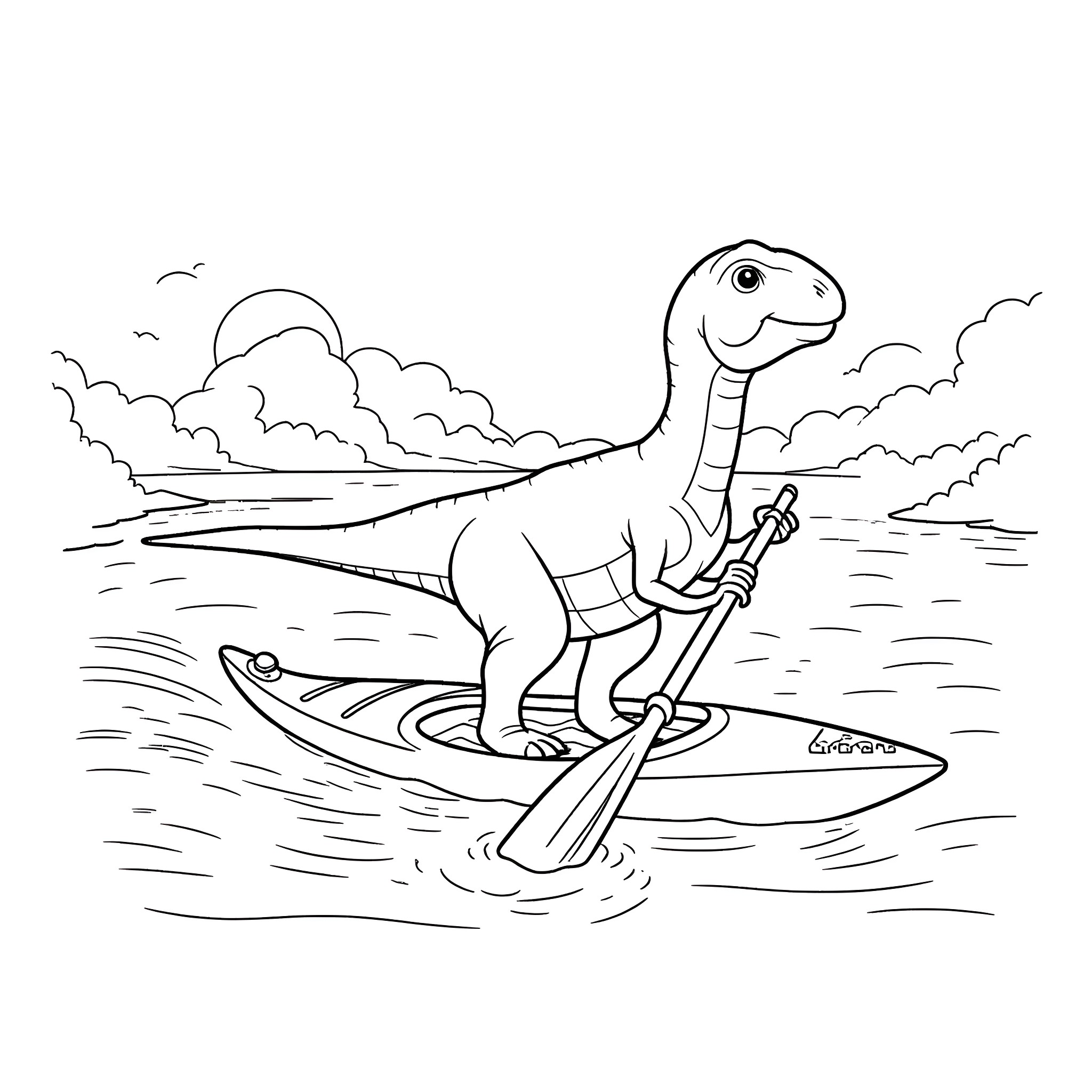 Tyrannosaurus surfing in the ocean Coloring Page (free black-and-white line drawing printable PDF for all, from beginners to advanced learners, including children, teens, adults, and seniors)