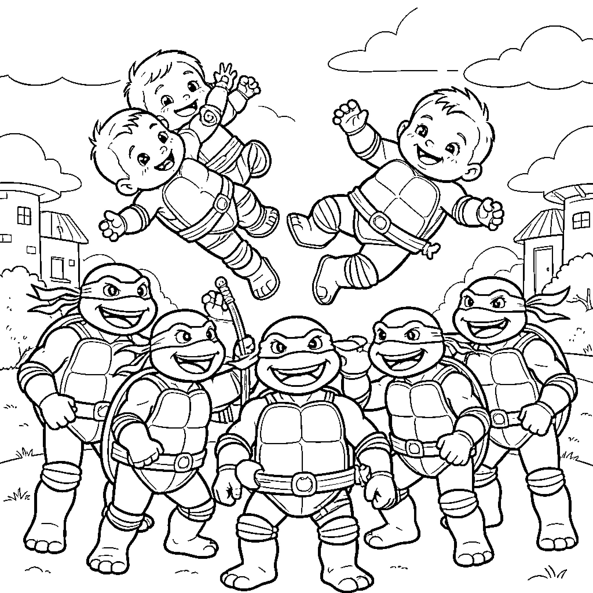 Baby Turtles and Superheroes Playing Happily Coloring Page (free black-and-white line drawing printable PDF for all, from beginners to advanced learners, including children, teens, adults, and seniors)