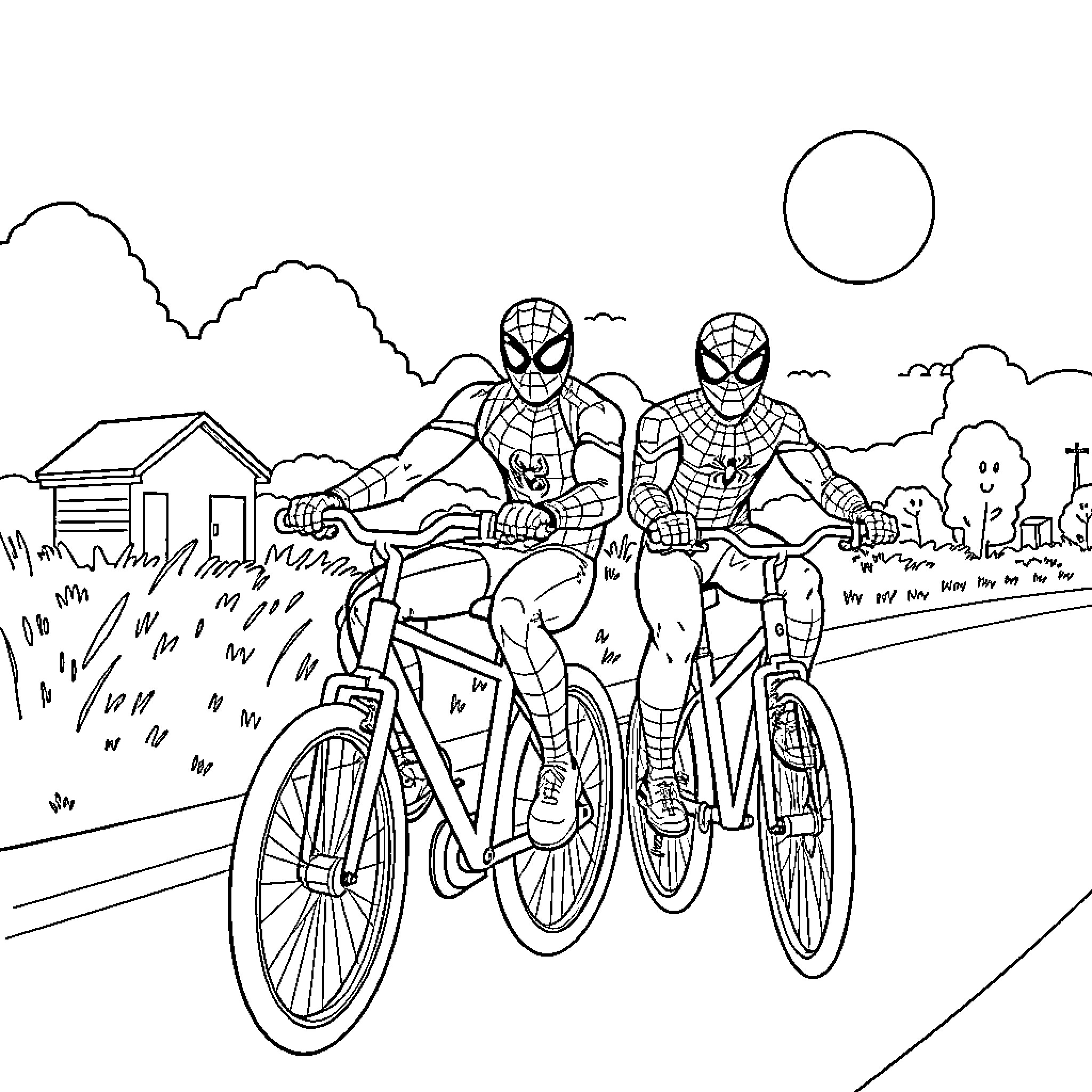 Rayo Superheroes Cycling on Road Coloring Page (free black-and-white line drawing printable PDF for all, from beginners to advanced learners, including children, teens, adults, and seniors)