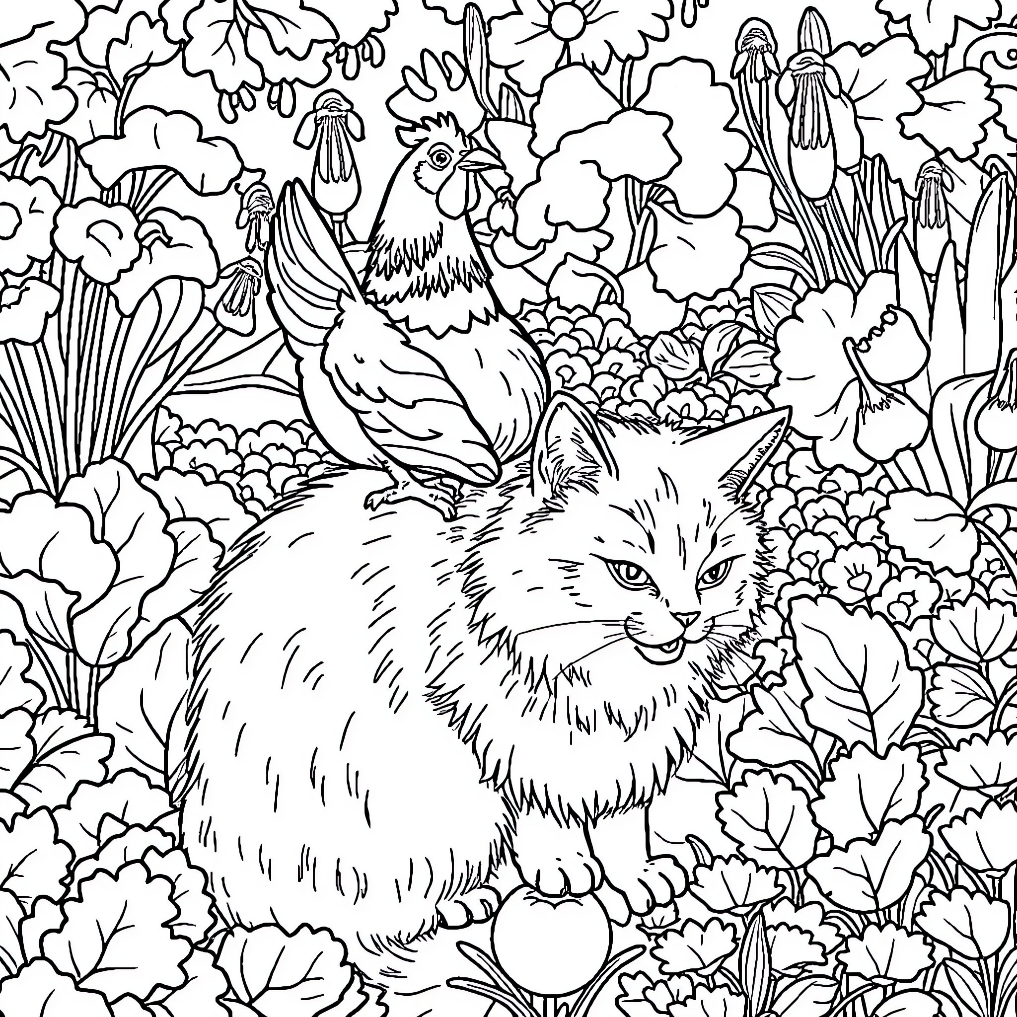 Chicken and Cat Amid Flowers and Foliage Coloring Page (free black-and-white line drawing printable PDF for all, from beginners to advanced learners, including children, teens, adults, and seniors)