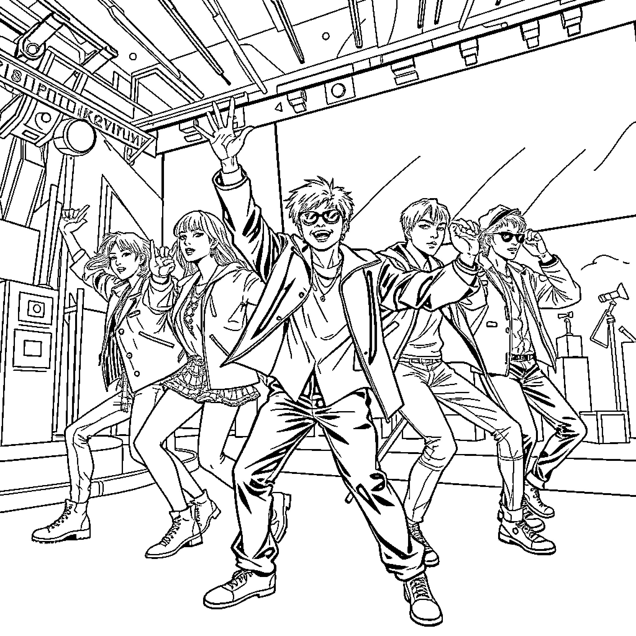 K Pop Performers Energetic Dance and Pose Coloring Page (free black-and-white line drawing printable PDF for all, from beginners to advanced learners, including children, teens, adults, and seniors)